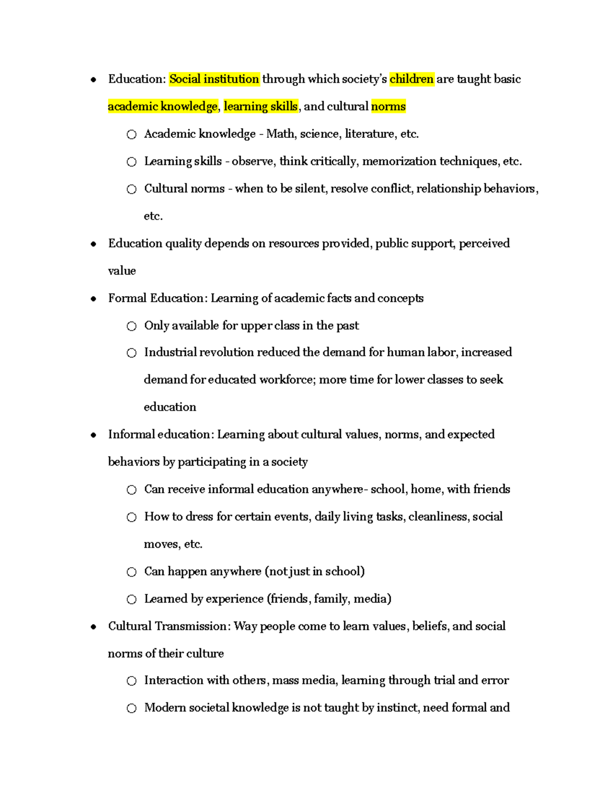 Sociology Ch. 16 Notes - Education: Social Institution Through Which ...