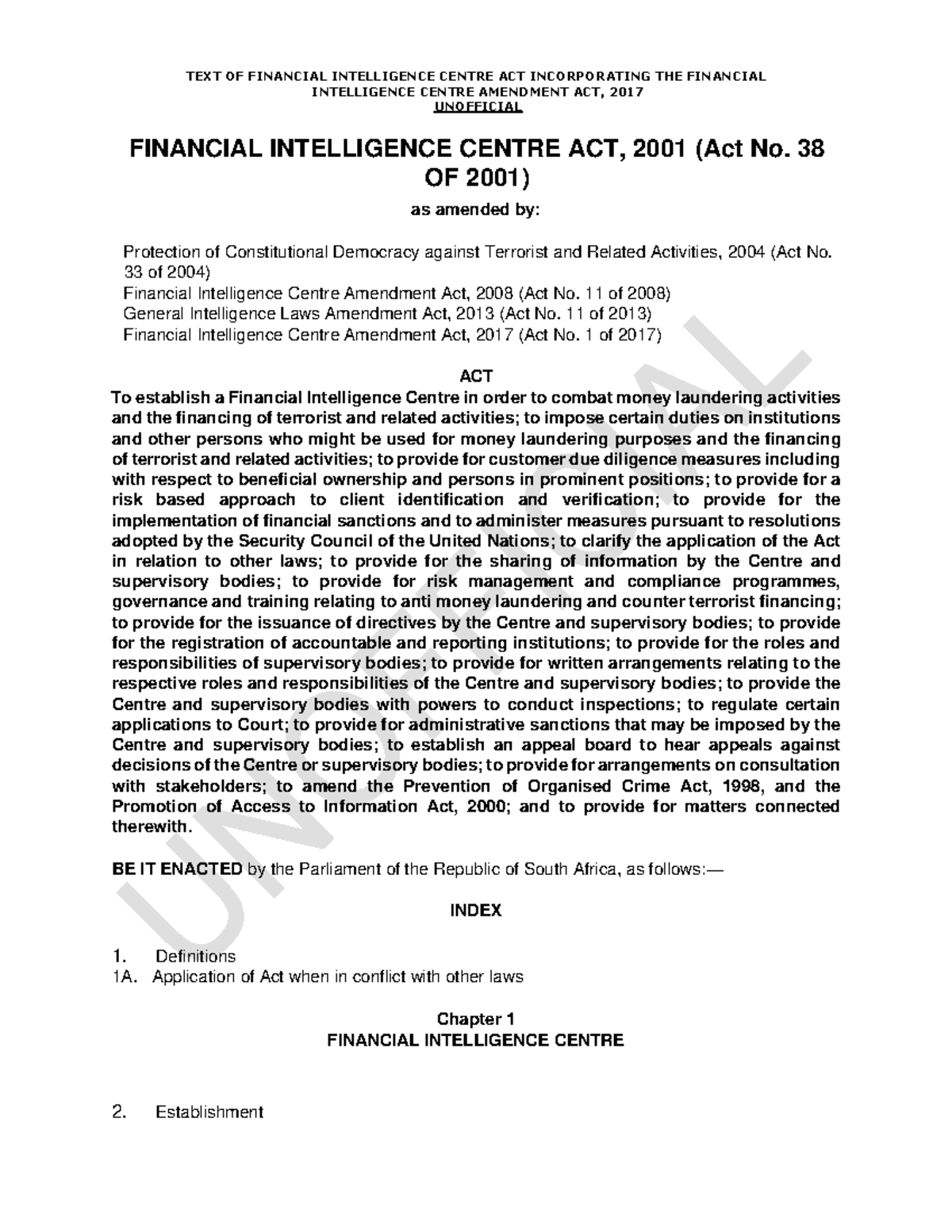 Financial Intelligence Centre Act 38 of 2001 - INTELLIGENCE CENTRE 