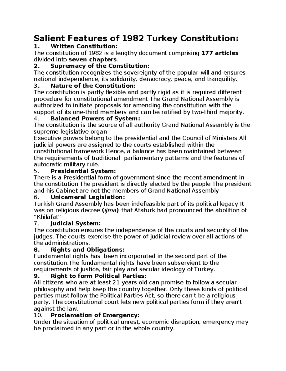 Salient Features of 1982 Turkey Constitution Salient Features of 1982