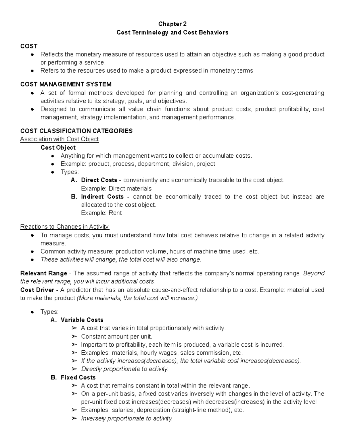 Chapter 2 Notes - Chapter 2 Cost Terminology and Cost Behaviors COST ...