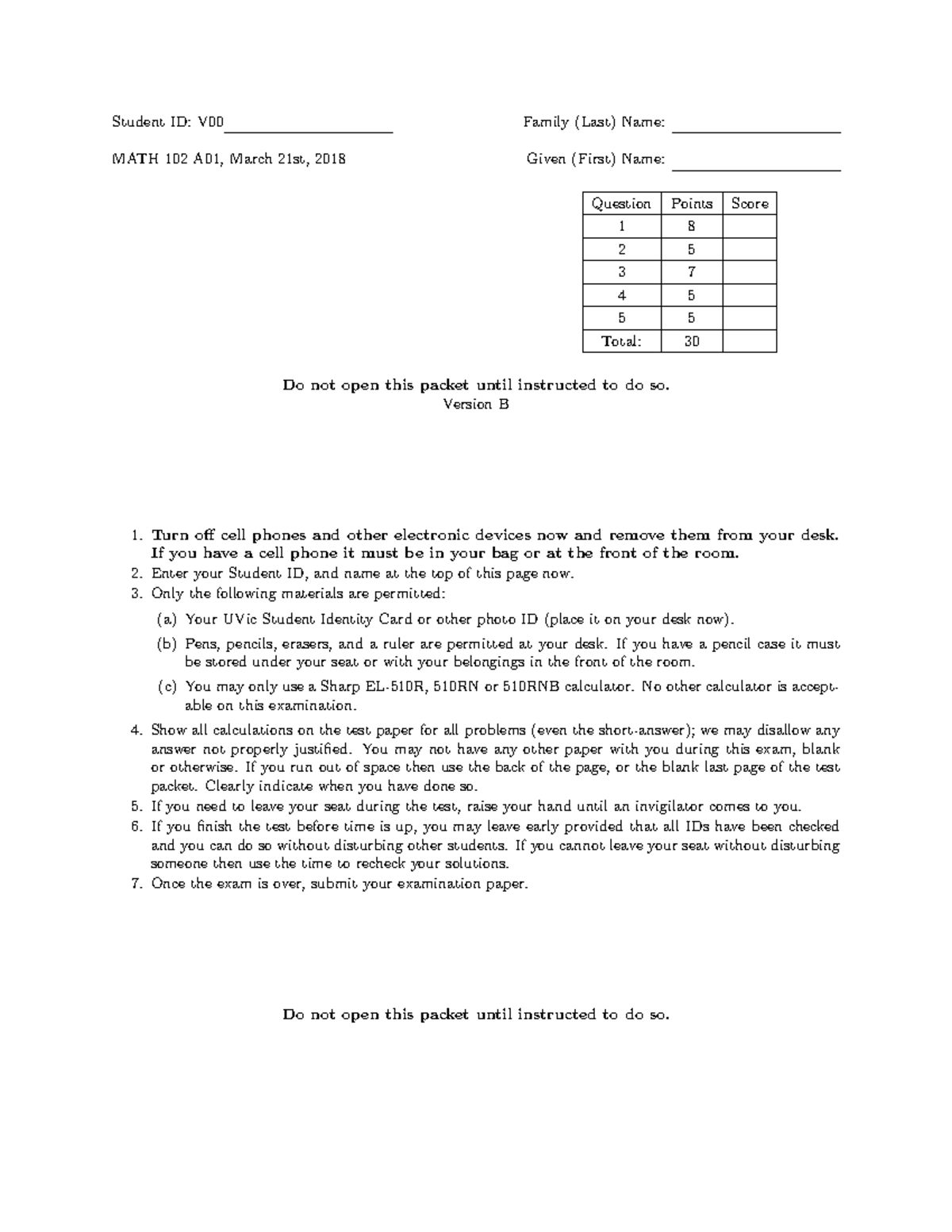 Math 102 practice exam 3 - Student ID: V00 Family (Last) Name: MATH 102 ...