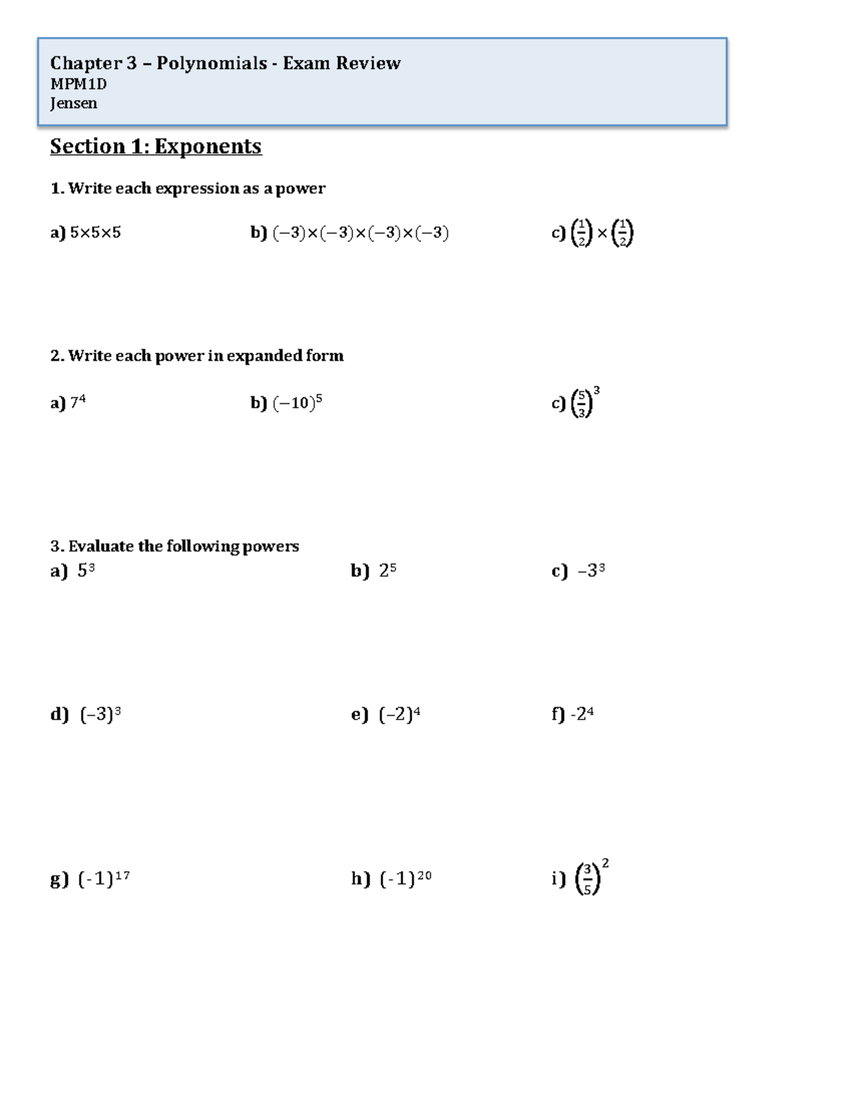 Chapter+3+Exam+Review+Package - Chapter 3 – Polynomials -‐ Exam Review ...