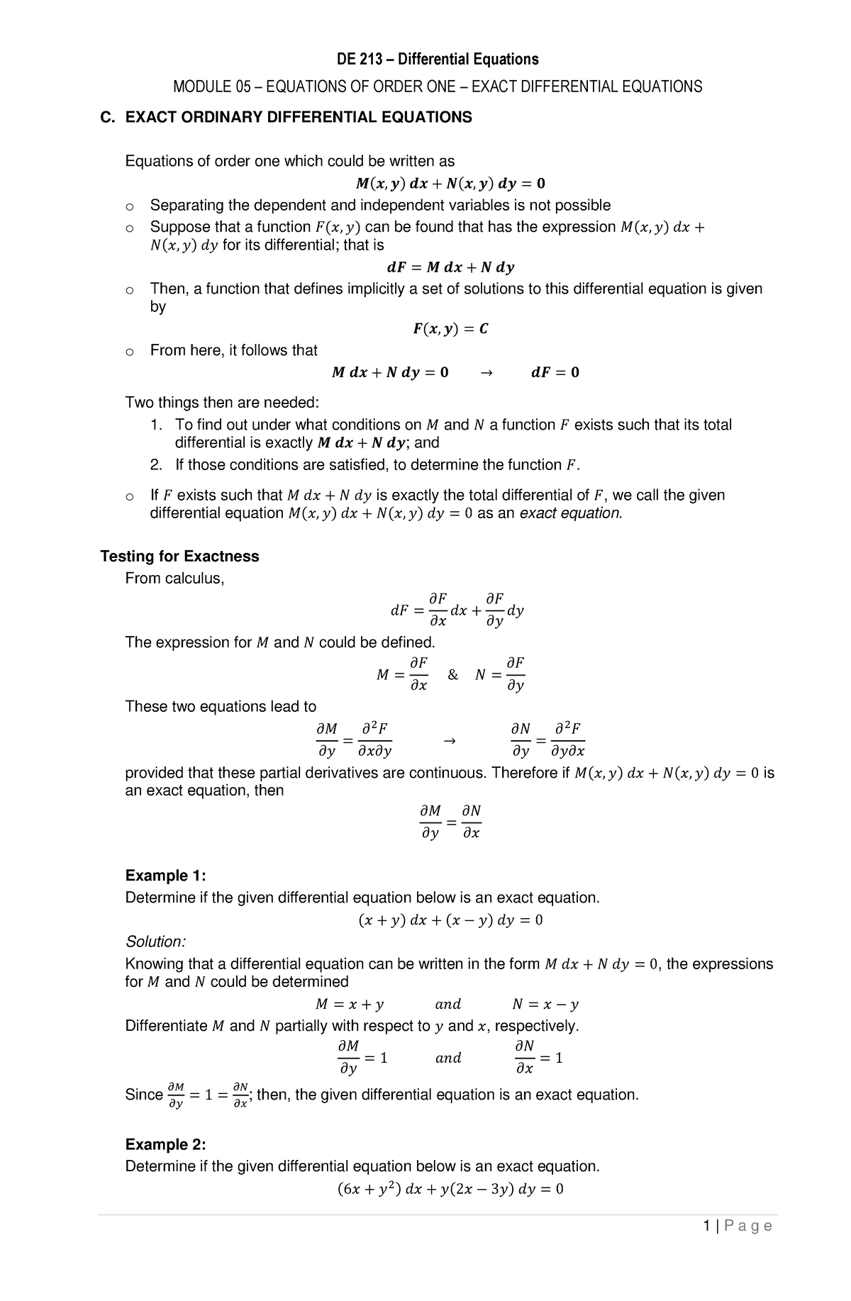 Module 05 - Equations of Order One - Exact Differential Equations ...