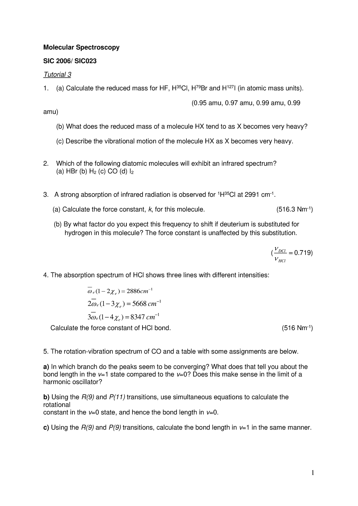 Tutorial 3 - Calculate the reduced mass for HF, H35Cl, H79Br and H127I ...