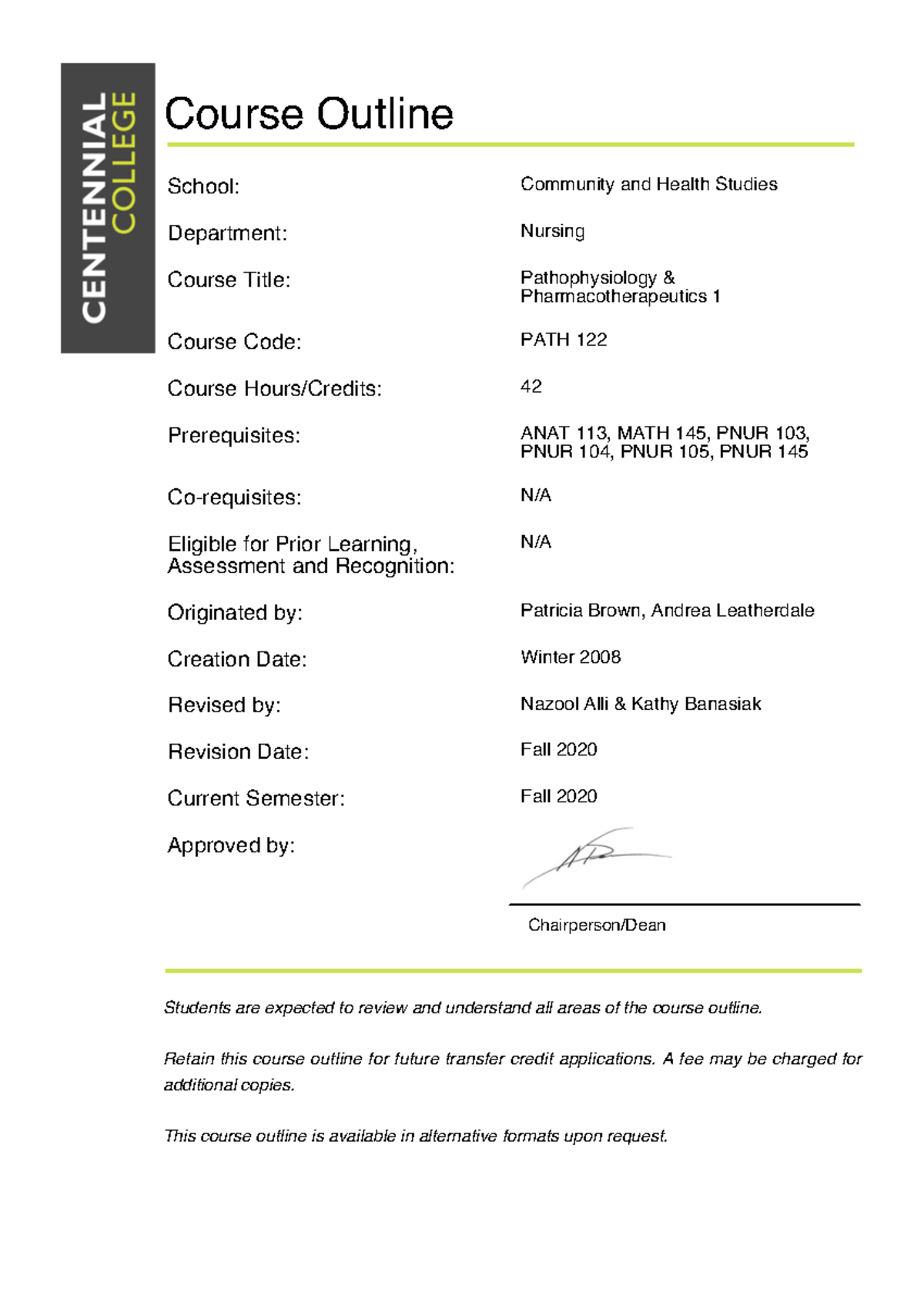 Path 122 Course Outline.f20.lewis Textbook - Course Outline Chairperson 