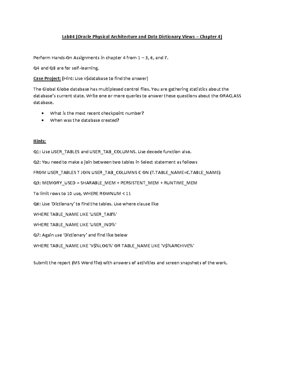 Lab04 - Auisjsjsusushdhd7sshddh - Lab04 (Oracle Physical Architecture ...