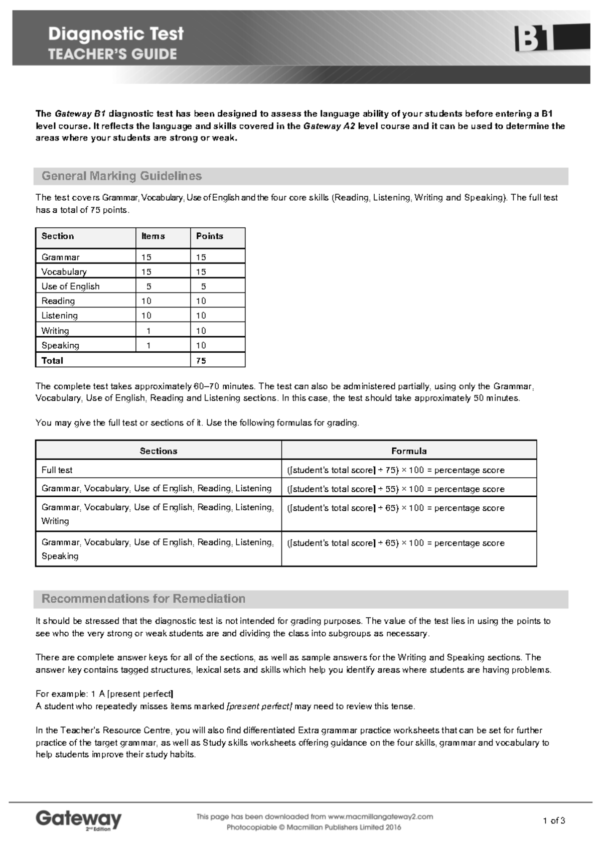 B1 Diagnostic Test Teacher's Guide And Answer Key - 1 Of 3 The Gateway ...