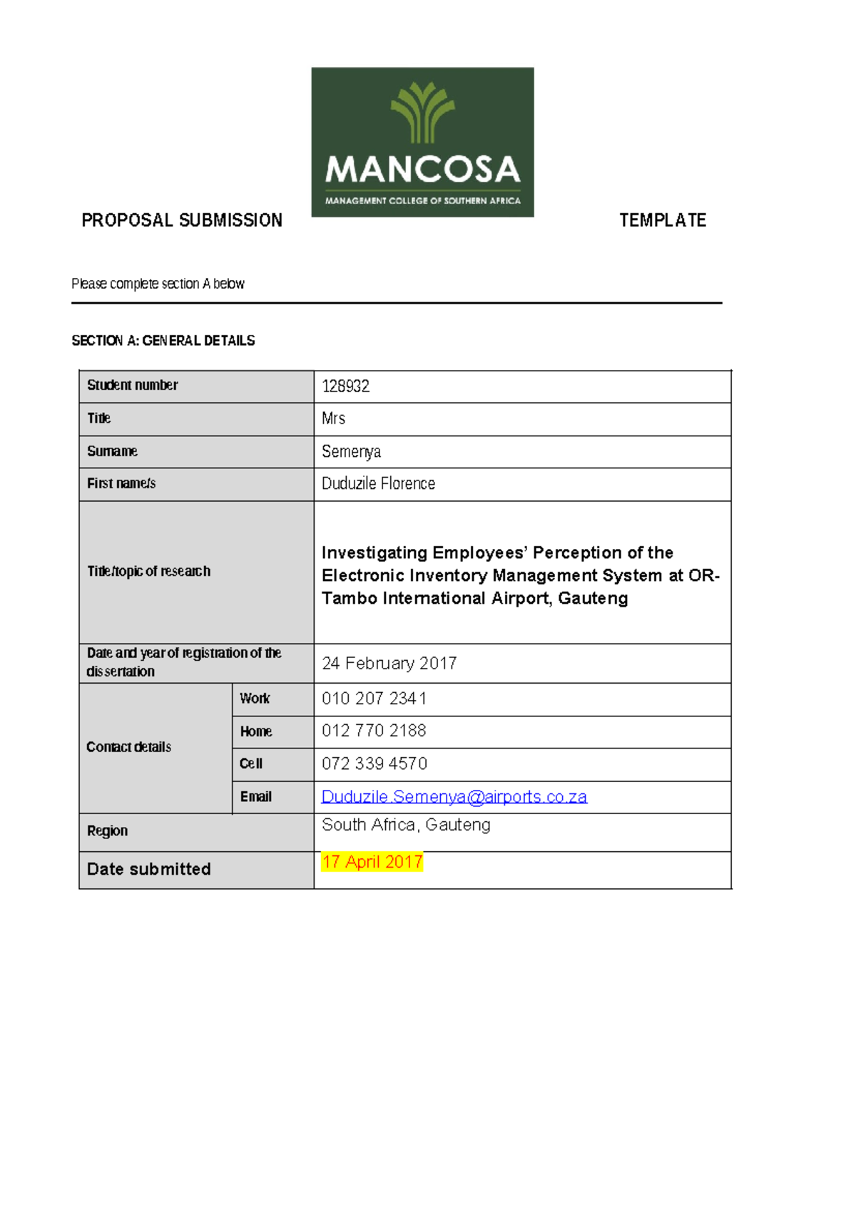 Dudu Semenya Research Proposal MBA 09 April 2017 - PROPOSAL SUBMISSION ...