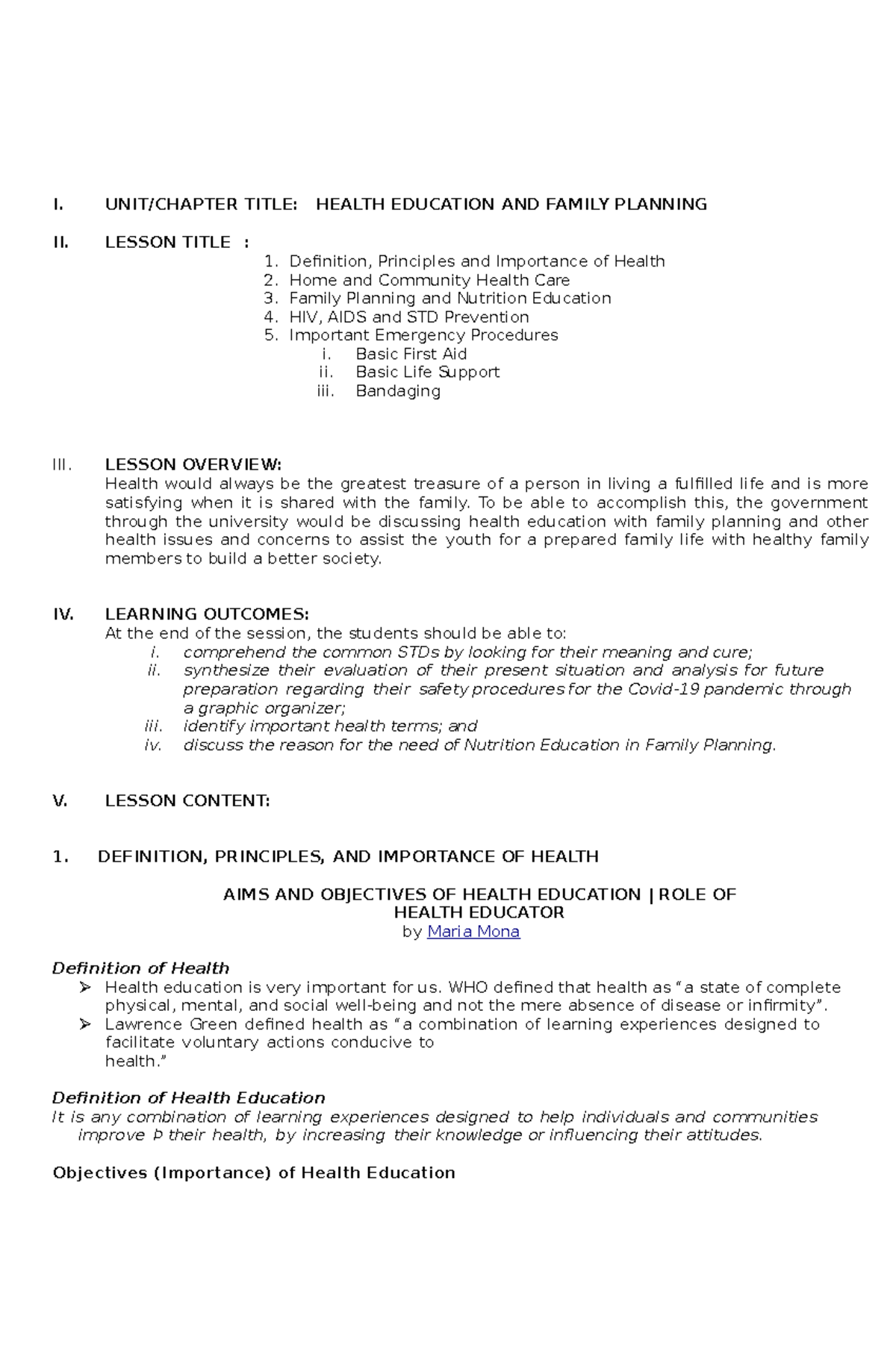 Module-8 - for your reference - I. UNIT/CHAPTER TITLE: HEALTH EDUCATION ...