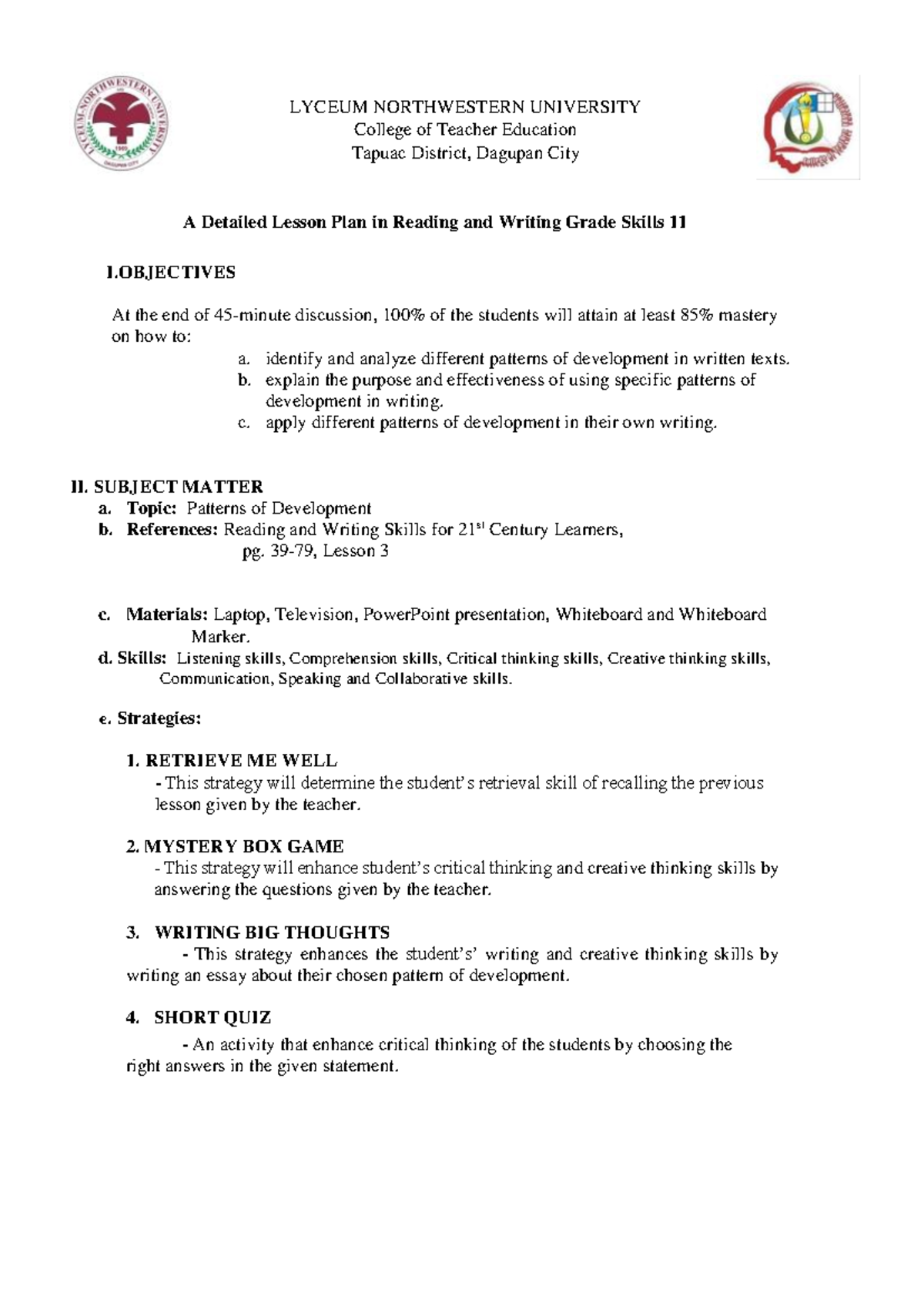 DLP Patterns Of Development Reading And Writing Skills Grade 11 1