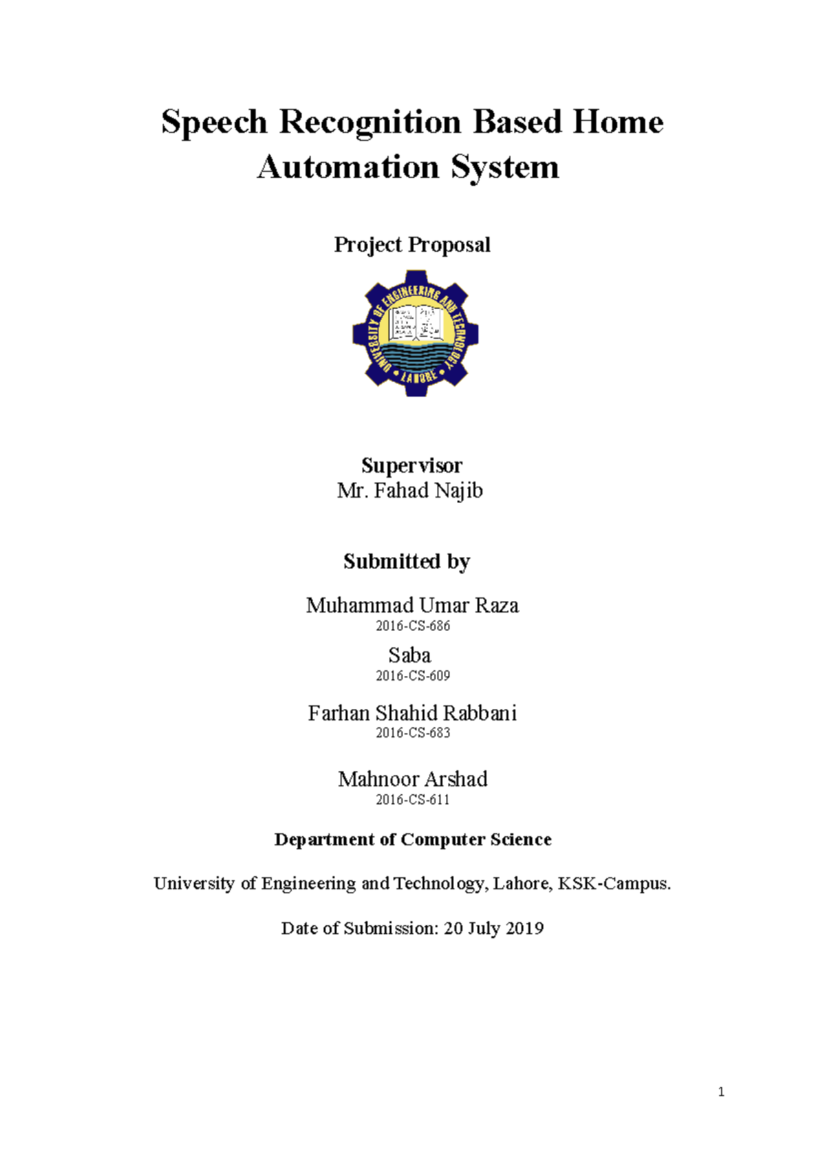 Final Year Project Proposal Speech Recognition Based Home Automation