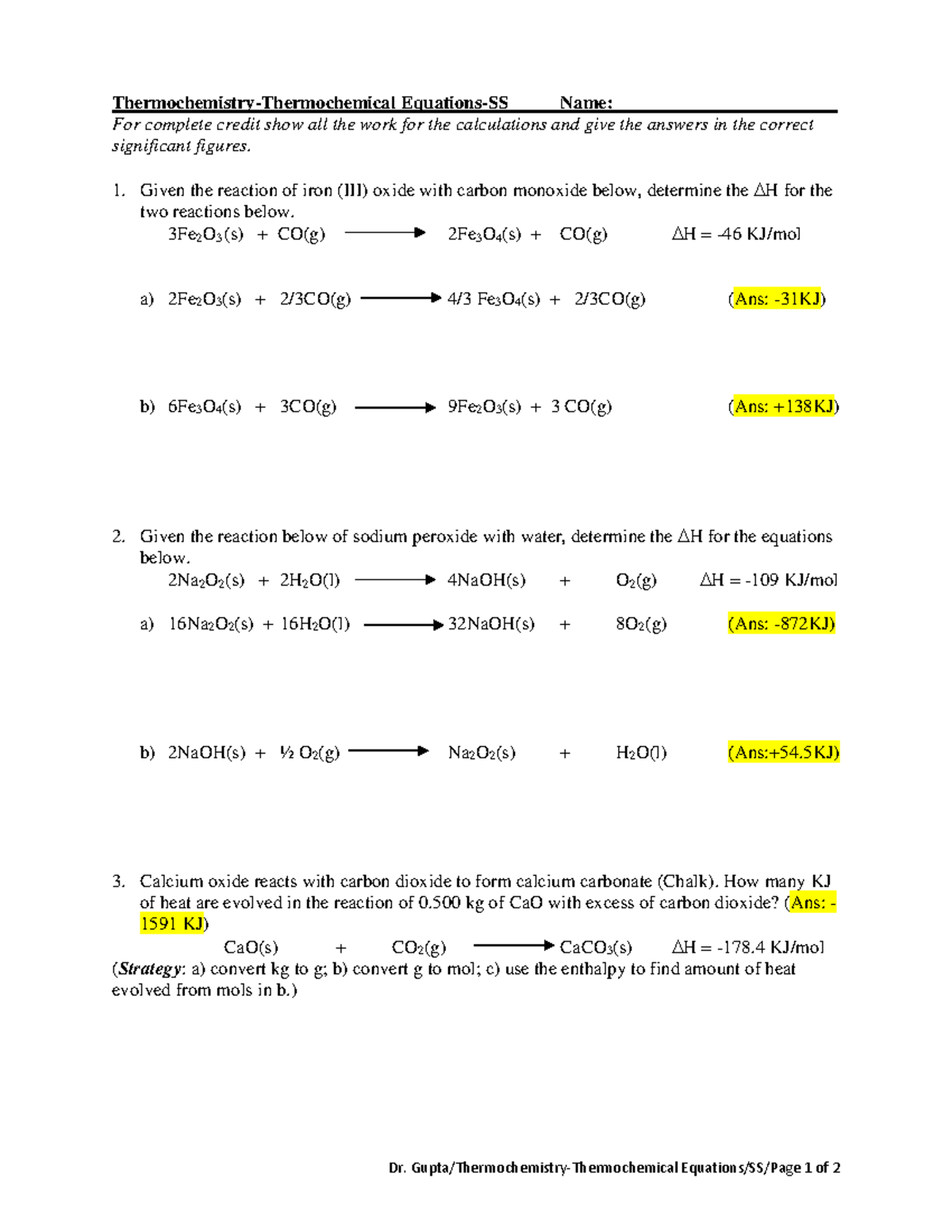 SS06-01Thermochem Eq Stoich SS - Dr. Gupta/Thermochemistry ...