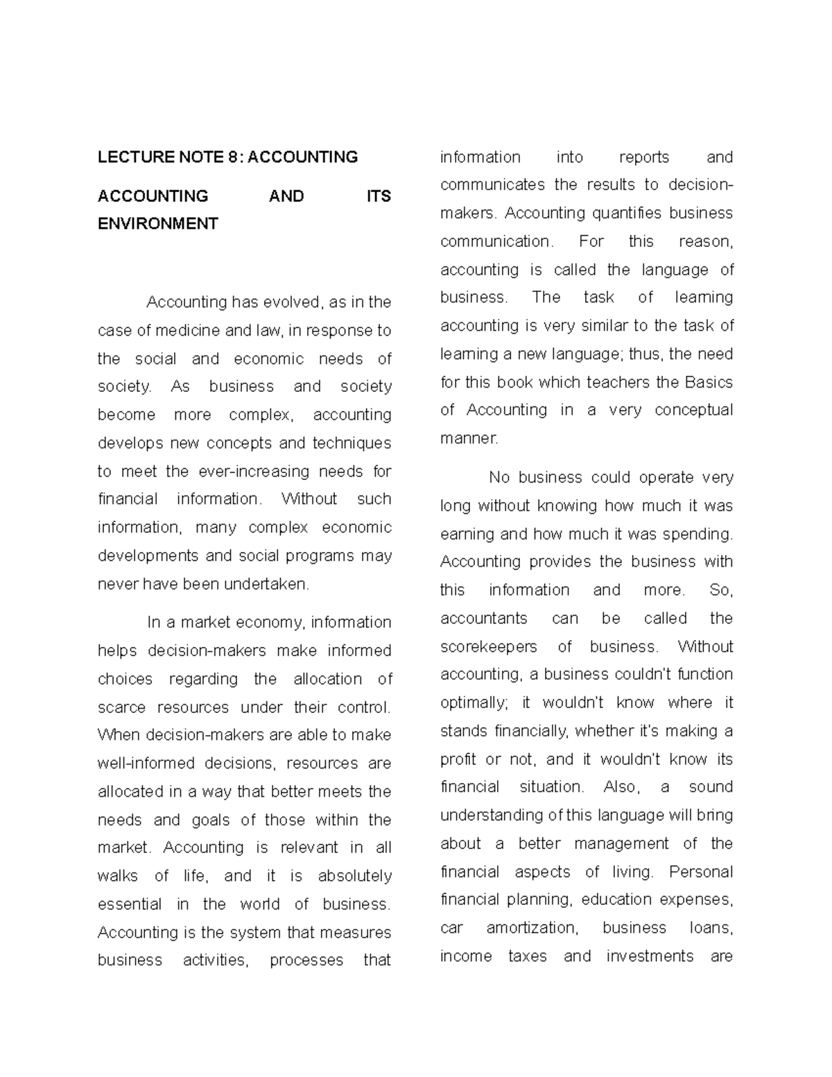 Lecture Note 8 Accounting - LECTURE NOTE 8: ACCOUNTING ACCOUNTING AND ...