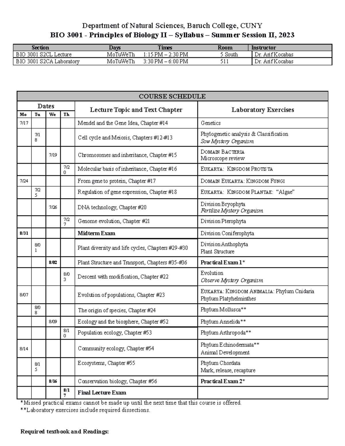 Syllabus for BIO 3001 S2CL-S2CA Lecture and Laboratory -Summer Session ...