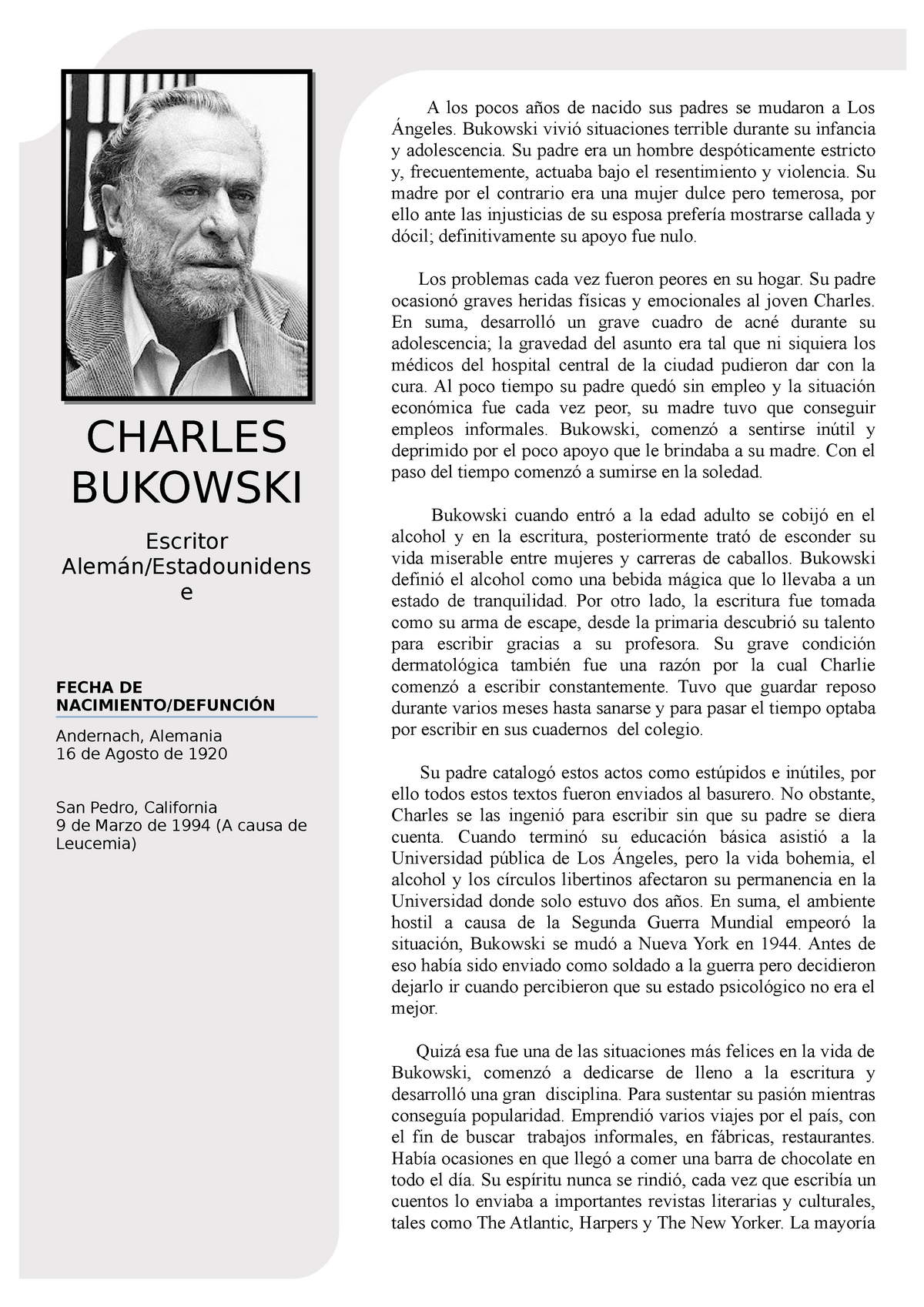 Biografia Charles Bukowski, vita e storia