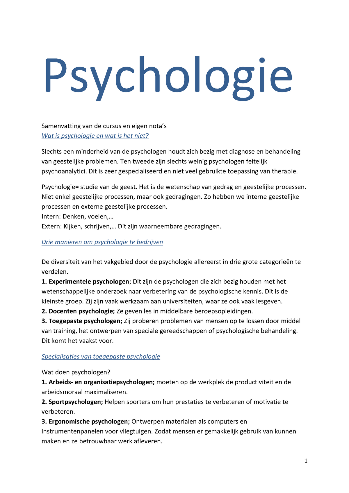 Samenvattingen Psychology: Van De Cursus En Eigen Nota’s - Psychologie ...