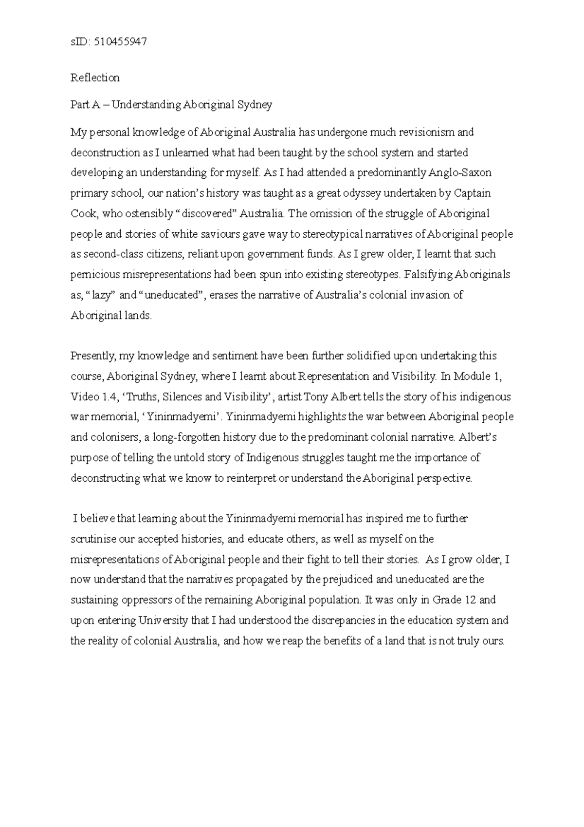 Aboriginal Sydney Reflective Exercise - Reflection Part A ...