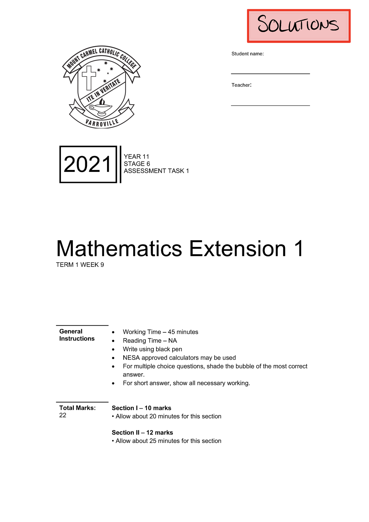 Year 11 Extension 1 Task 1 2021 - Sample Solutions - Student name ...