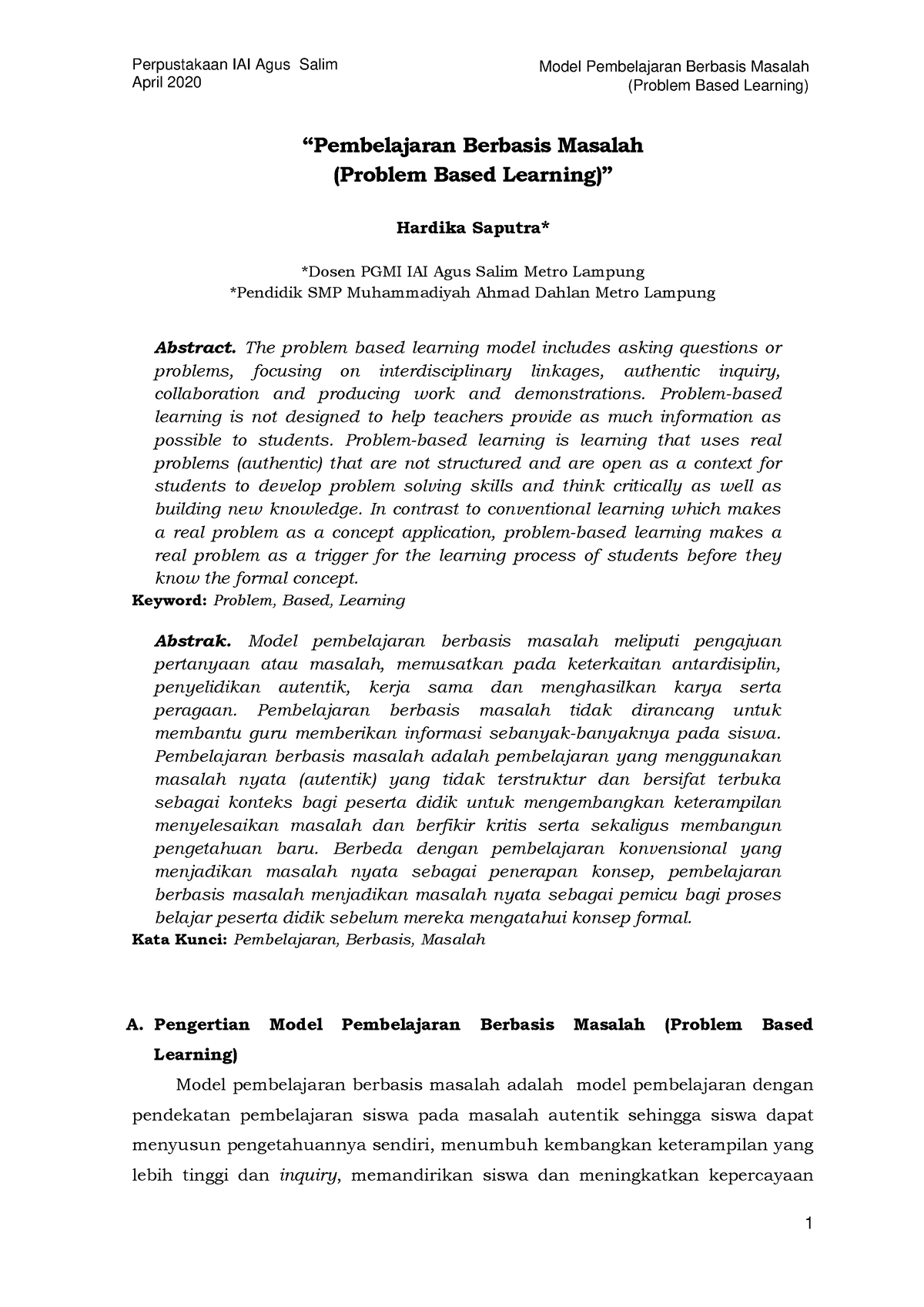 Model Pembelajaran Berbasis Masalah (Problem Based Learning) - April ...