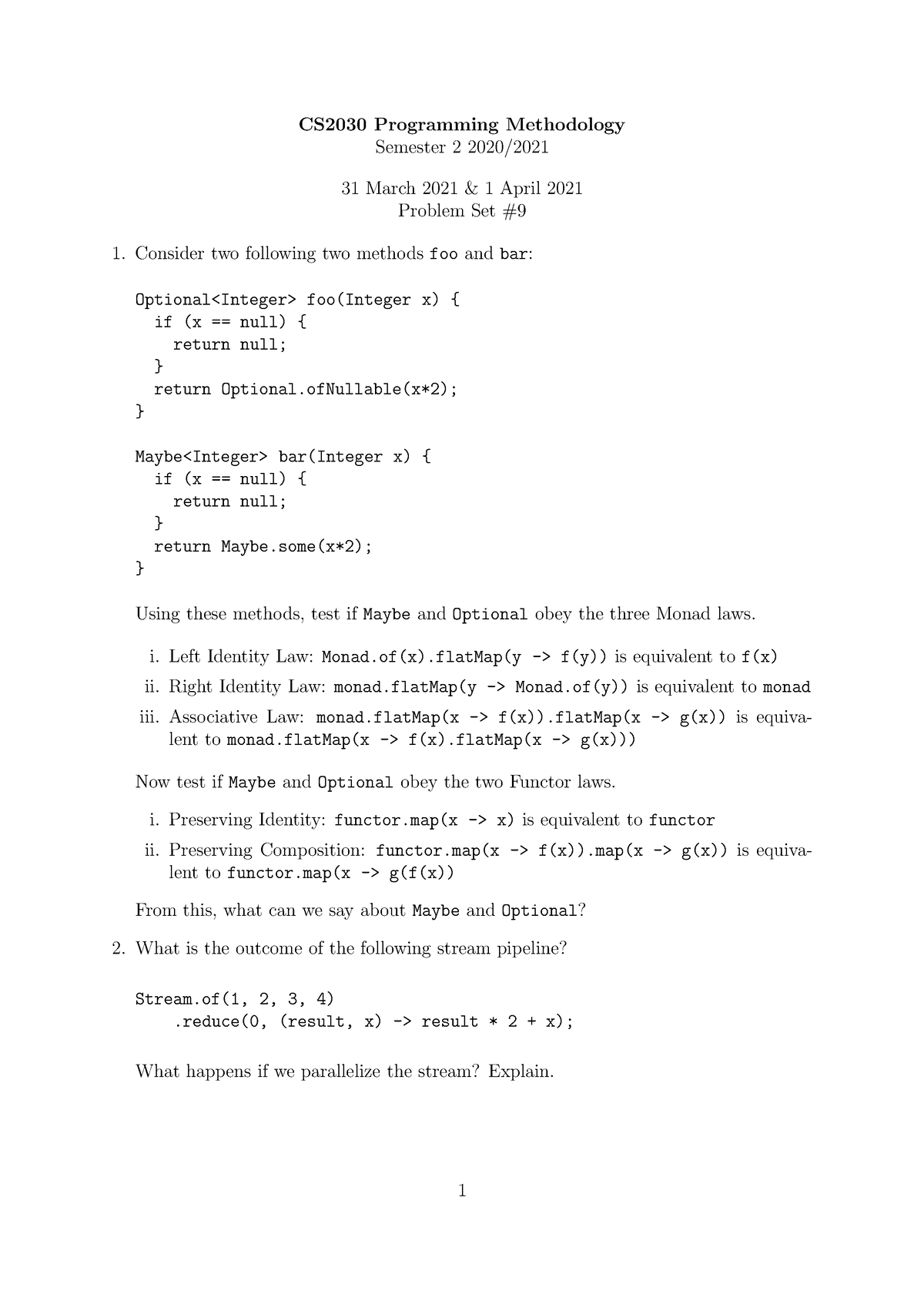 Recitation 09 - CS2030 Programming Methodology Semester 2 2020/ 31 ...