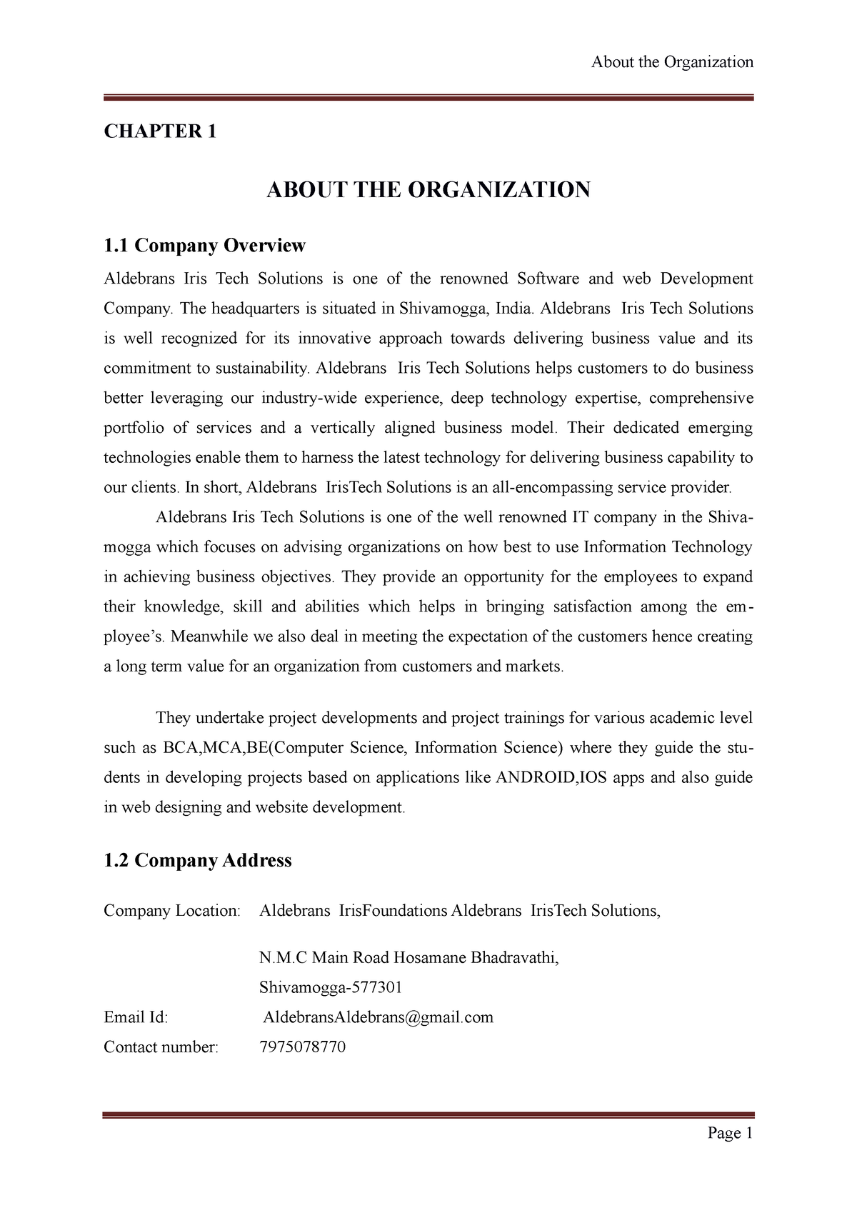 Chapter 1 - Fgchvg,jbk,lk - CHAPTER 1 ABOUT THE ORGANIZATION 1 Company ...