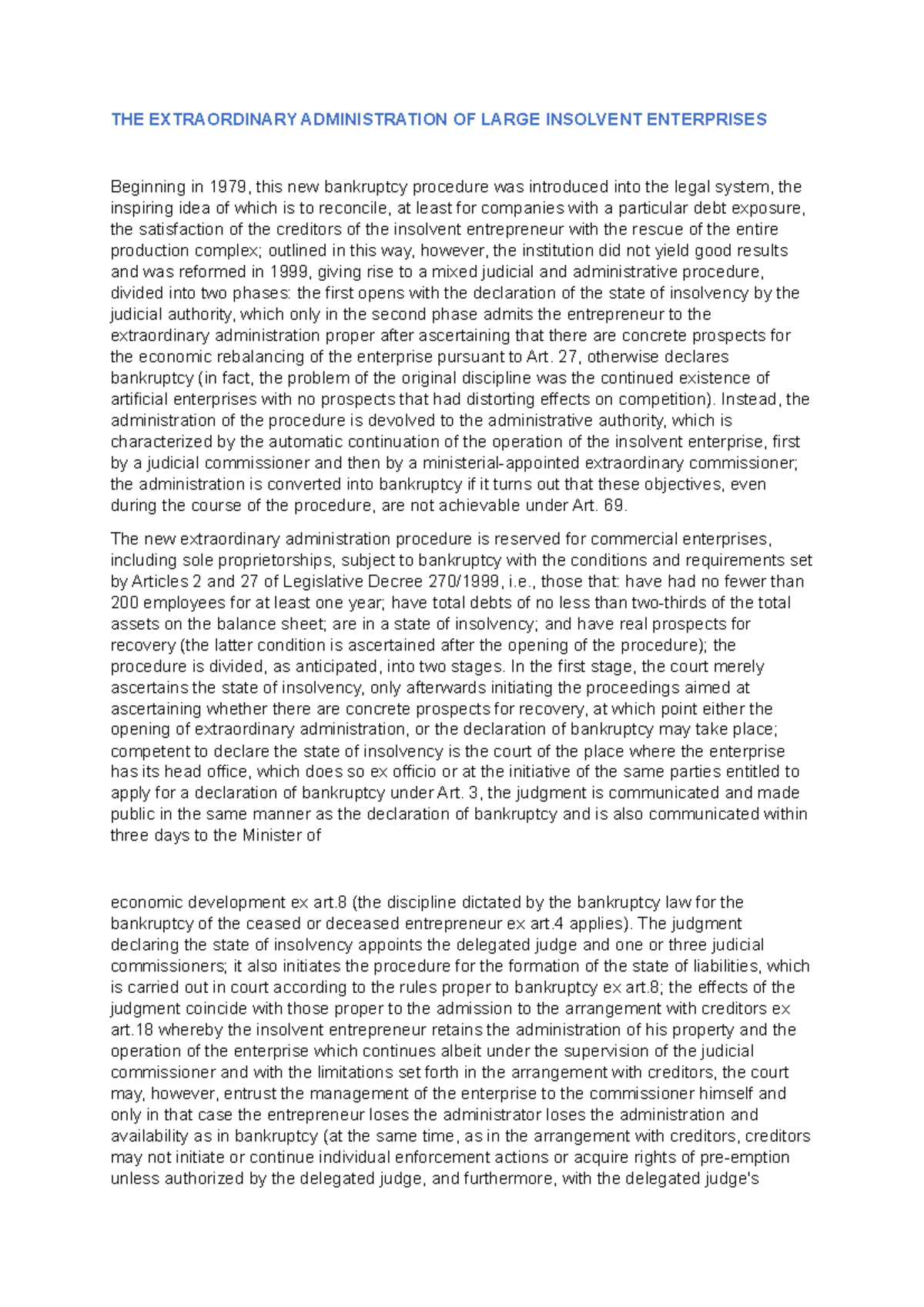 THE Extraordinary Administration OF Large Insolvent Enterprises 6 - THE ...
