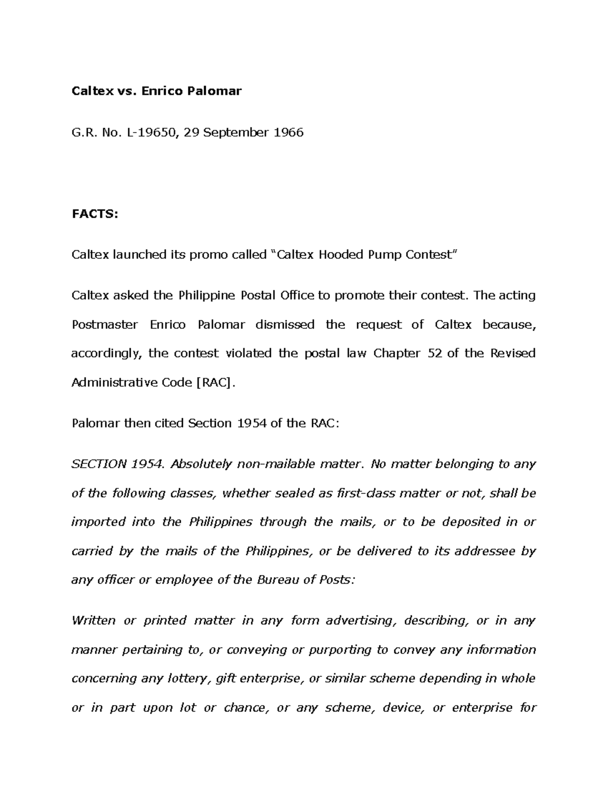 Caltex vs. Enrico Palomar - Caltex vs. Enrico Palomar G. No. L-19650 ...