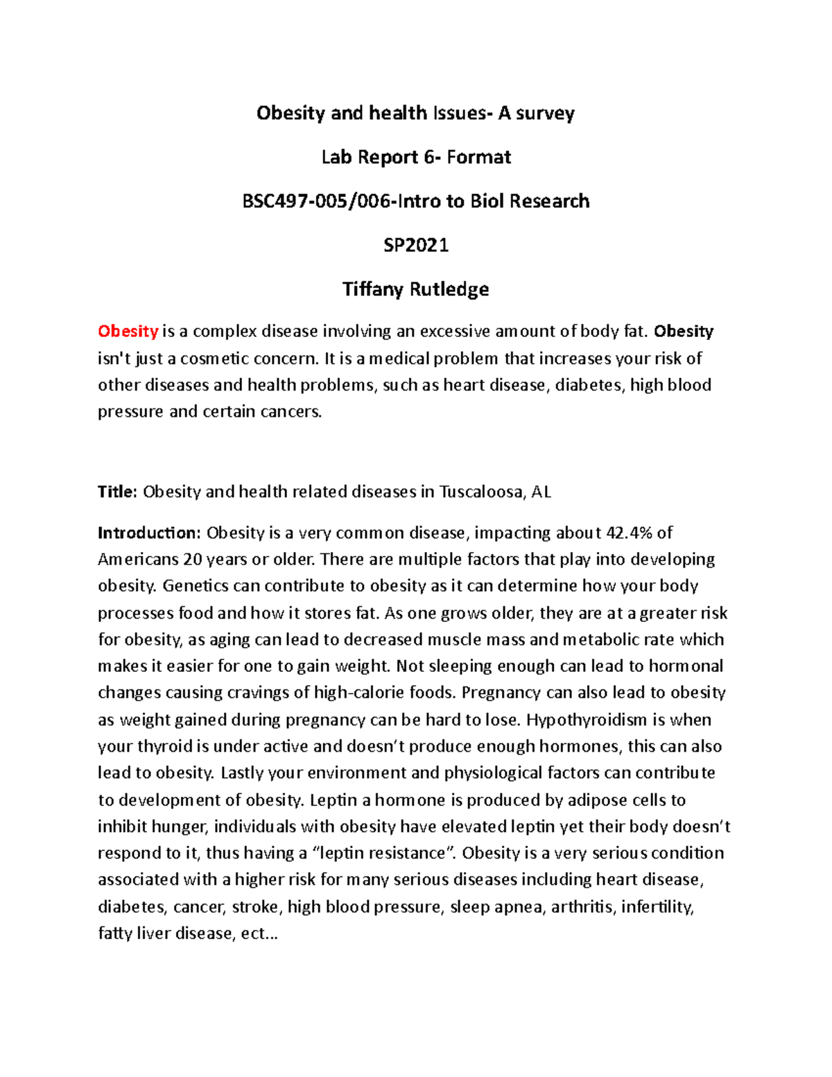 Lab report 6FormatObesity and health Issues Obesity and health