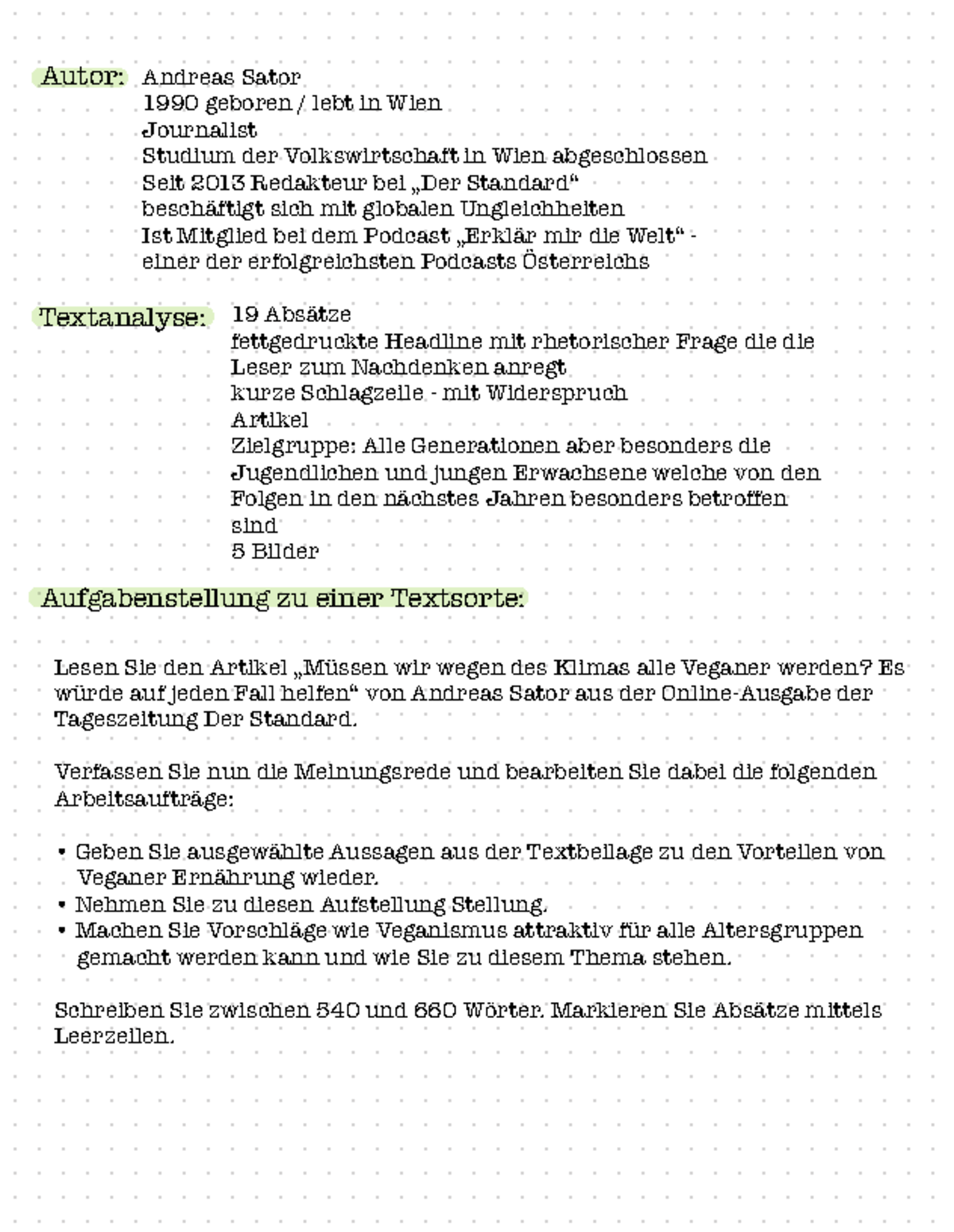 1. Semester - Autor: Textanalyse: Aufgabenstellung zu einer Textsorte ...