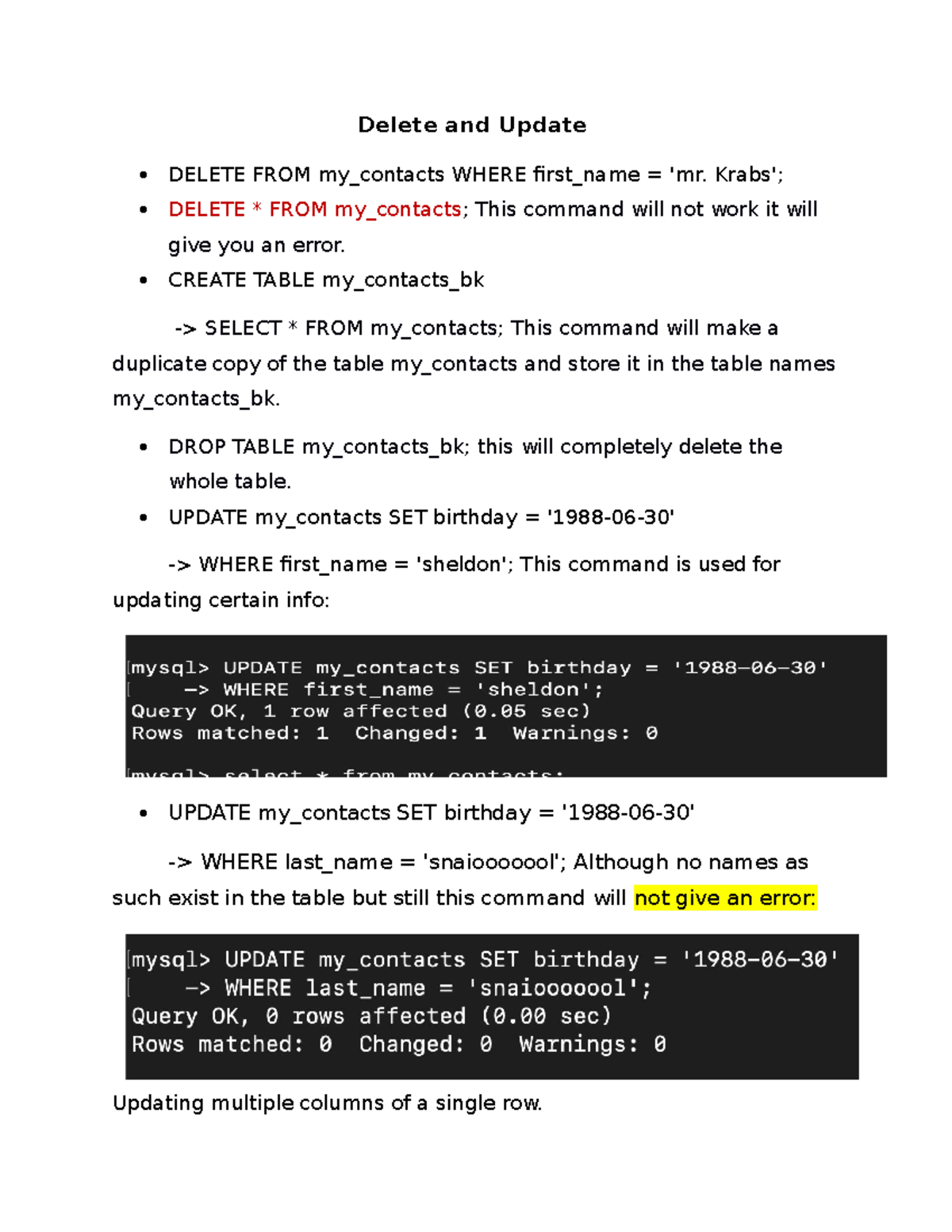 Database Week 3 Notes - Prof. Hidalgo - Delete and Update DELETE FROM ...