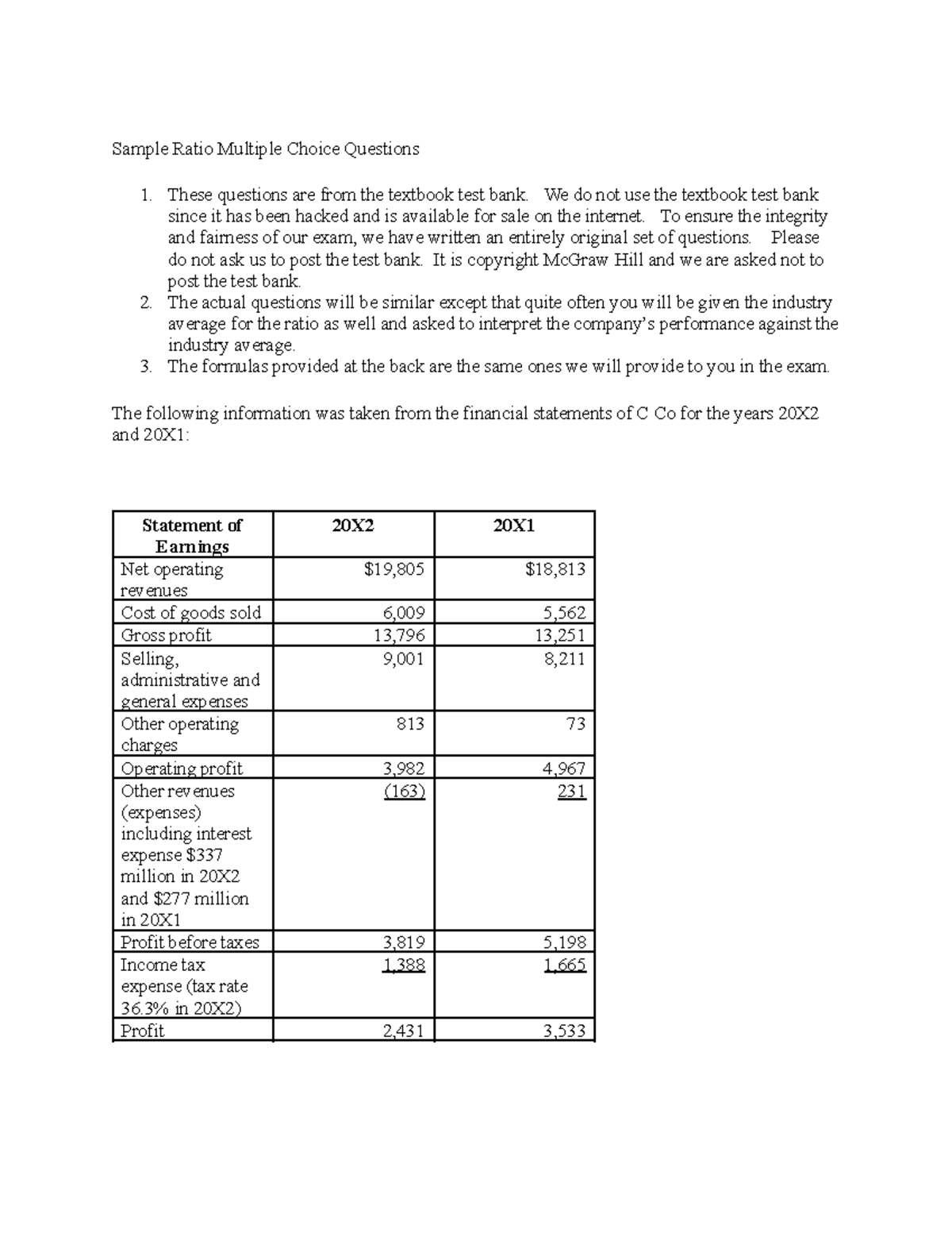 Sample Ratio Multiple Choice Questions - We do not use the textbook ...