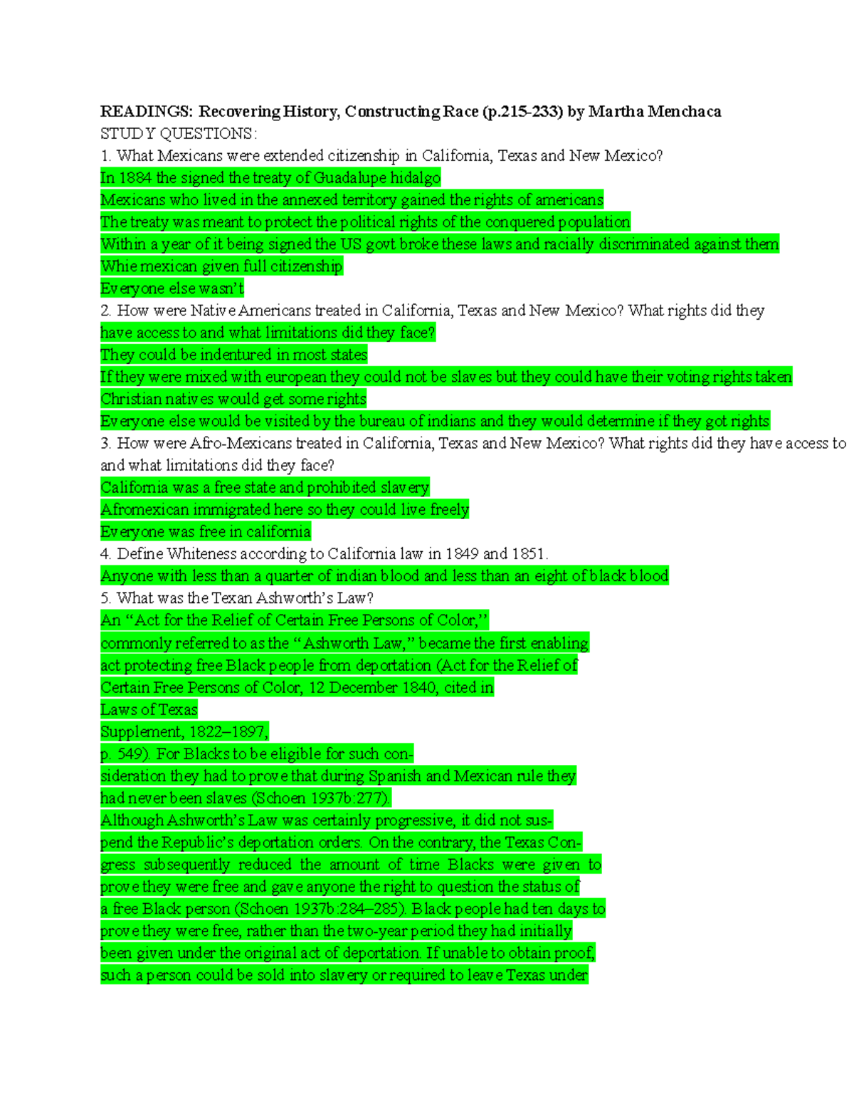 Study guide 6 - READINGS: Recovering History, Constructing Race (p-233) by Martha Menchaca STUDY ...