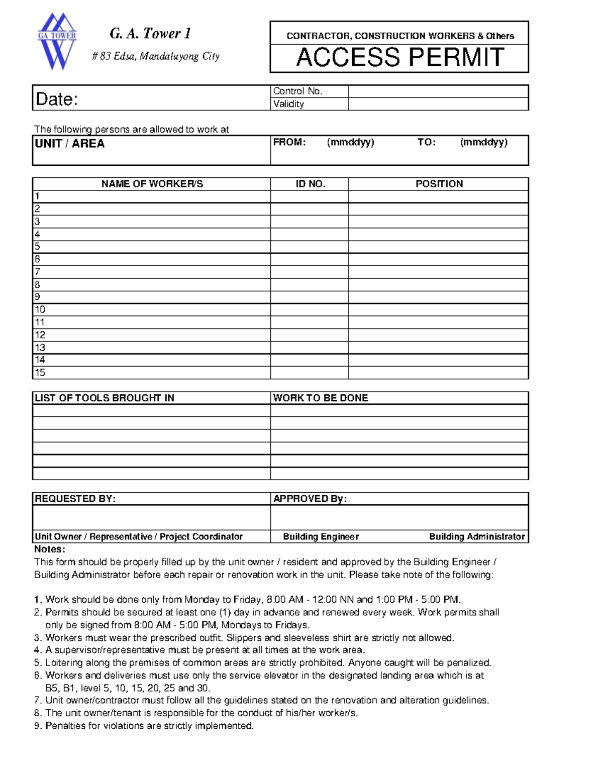 Access Permit new - None - G. A. Tower 1 # 83 Edsa, Mandaluyong City ...