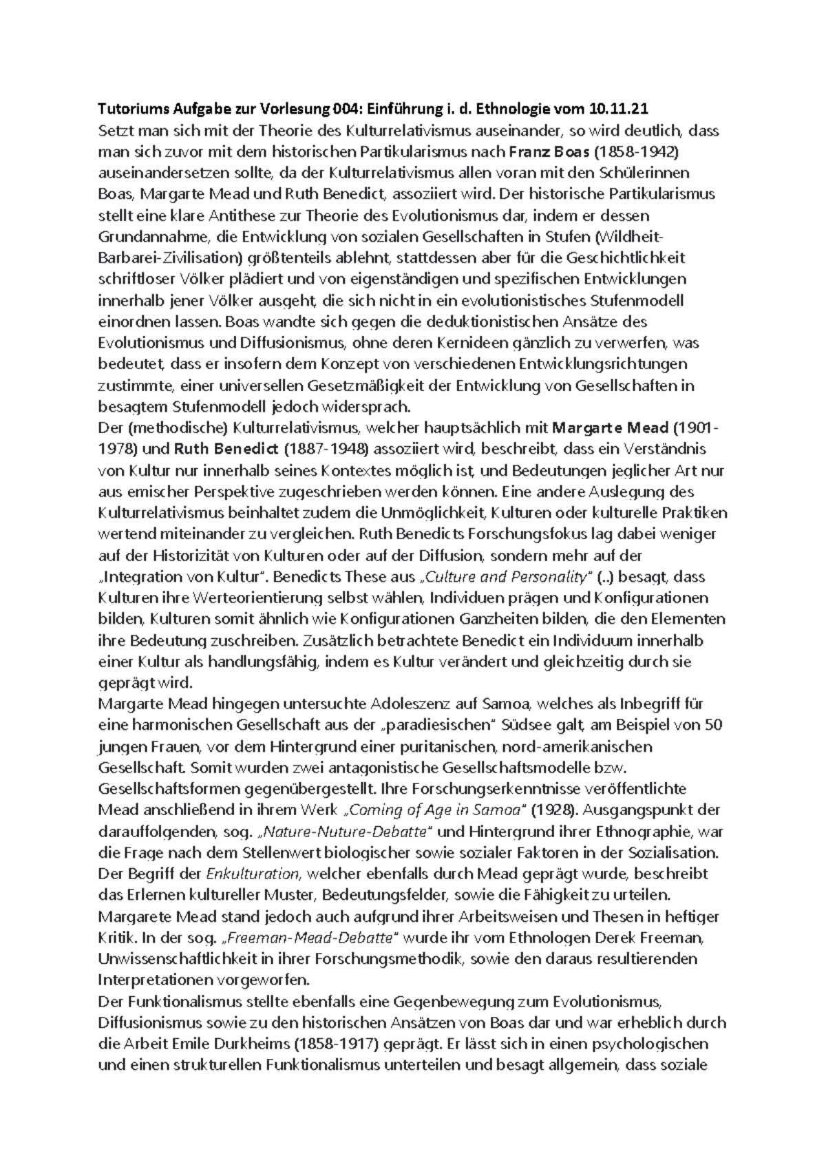 Tutoriums-Aufgabe zur 4. VL Kulturrelativismus, Partikularismus, Boas, Head, Benedict ...