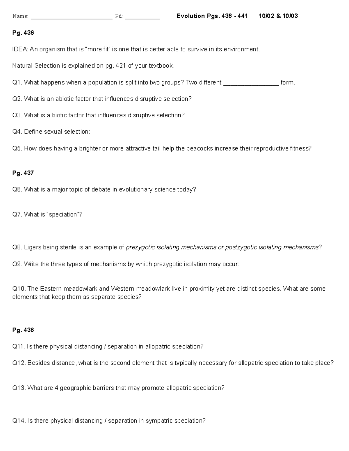 Evolution Pgs. 435 - 441 - Name: __________________________ Pd ...