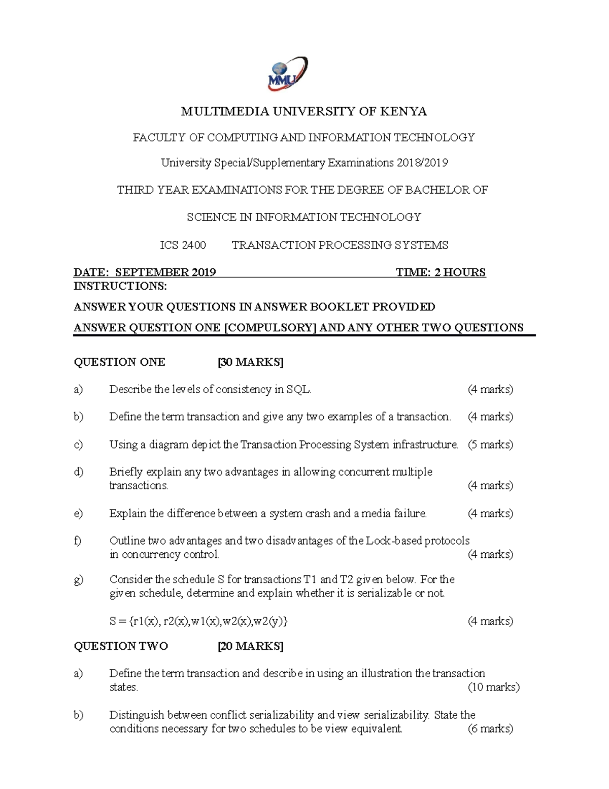 ICS 2400 Transaction PROC Systems SUPP SEP 2019 - MULTIMEDIA UNIVERSITY ...
