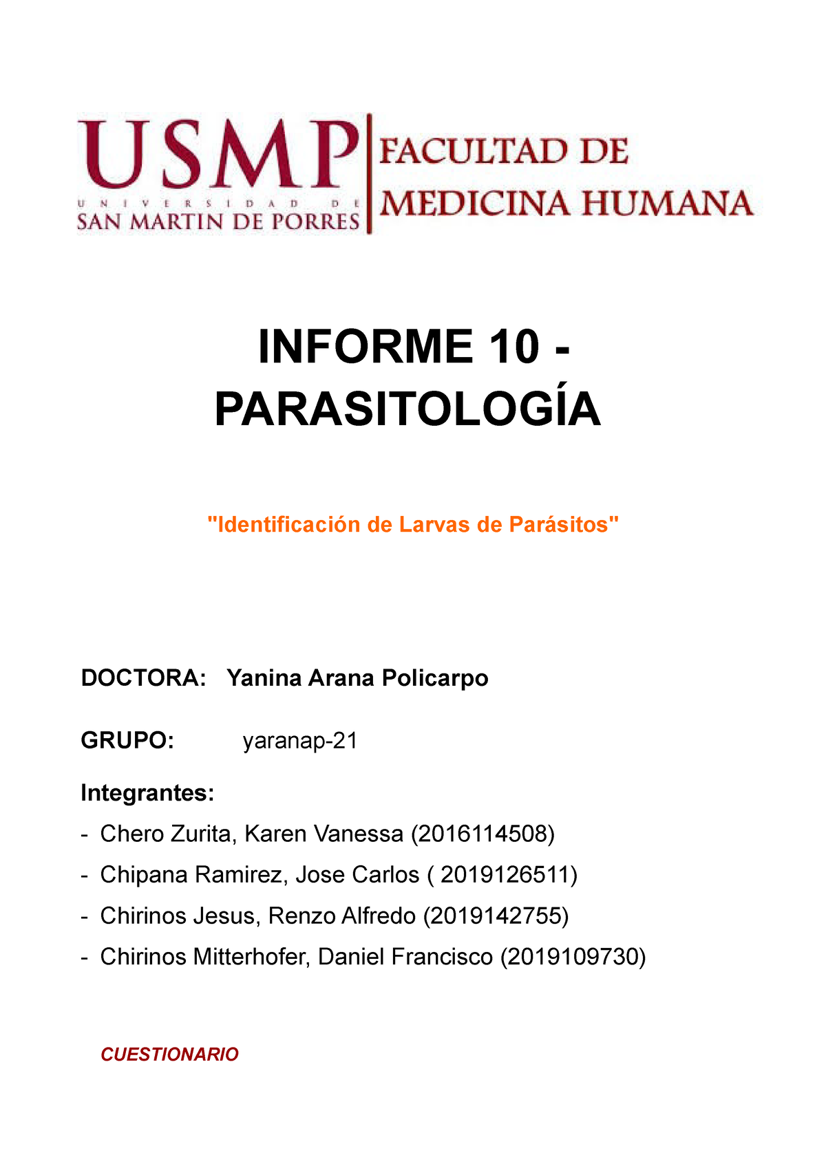 Informe 10. Parasitolog Ã­a - INFORME 10 - PARASITOLOGÍA ...