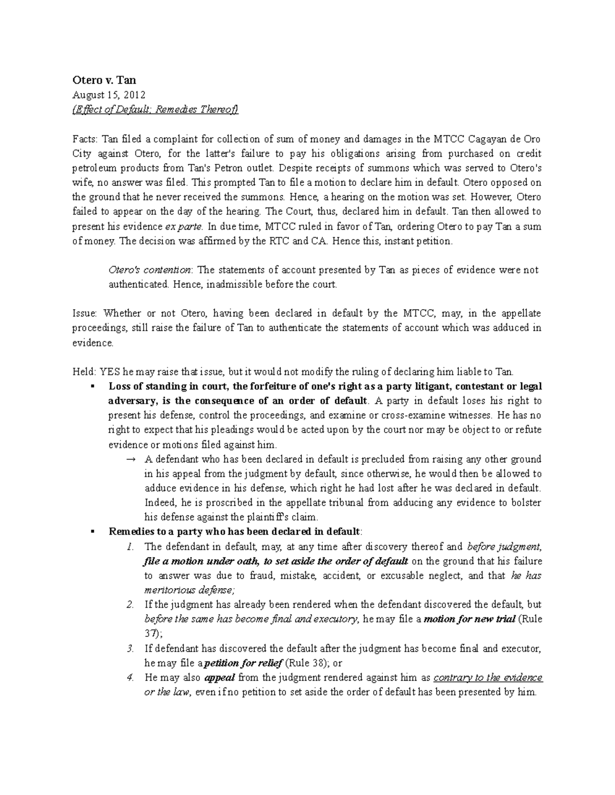 175591958 Otero V Tan - Law Digest - Otero V. Tan August 15, 2012 