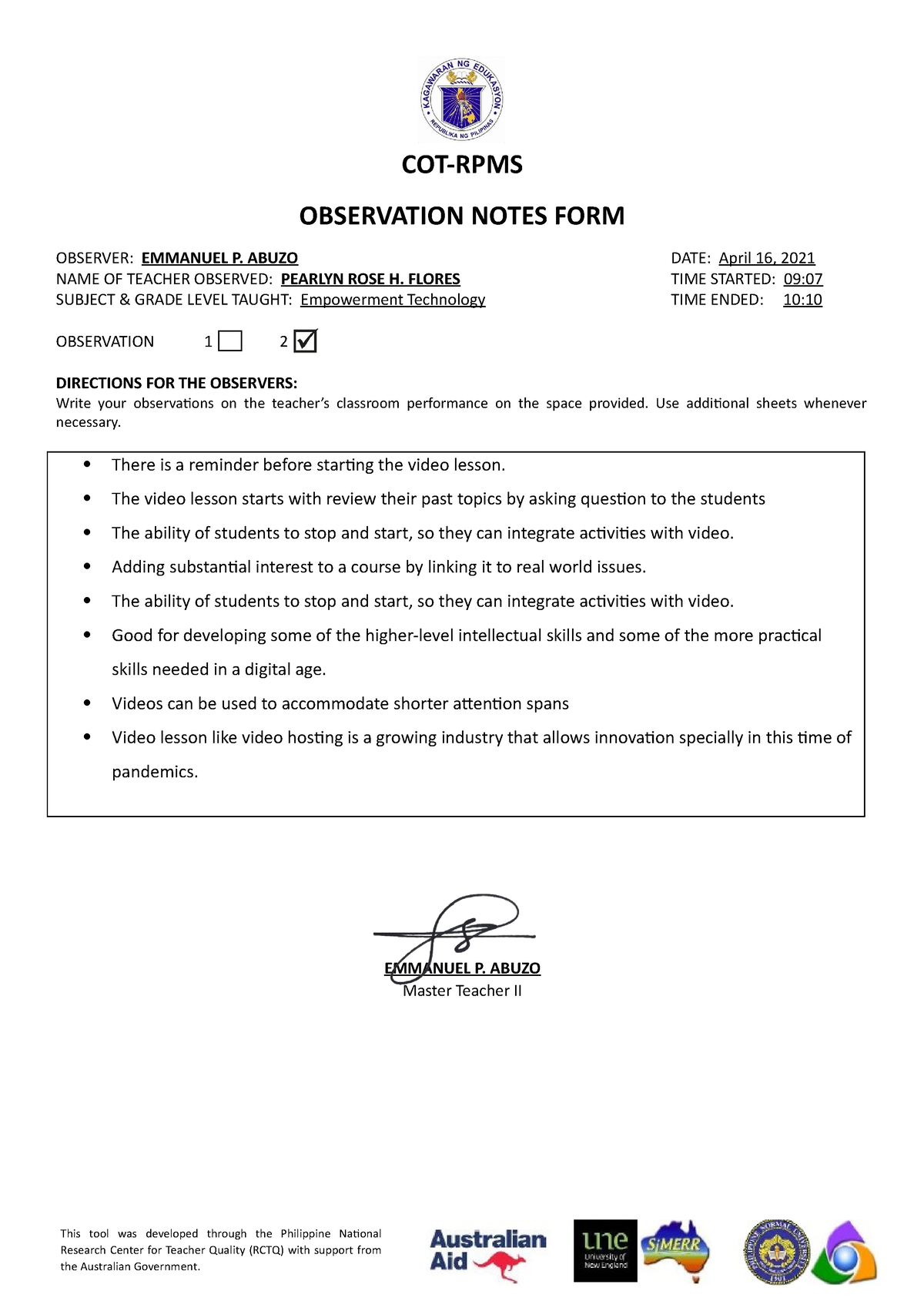 Observation Notes 2 COT RPMS OBSERVATION NOTES FORM OBSERVER   Thumb 1200 1698 