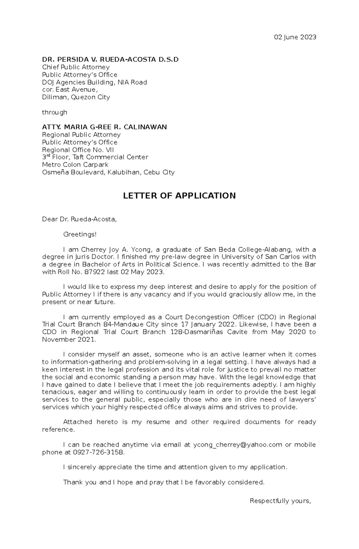 sample application letter pao