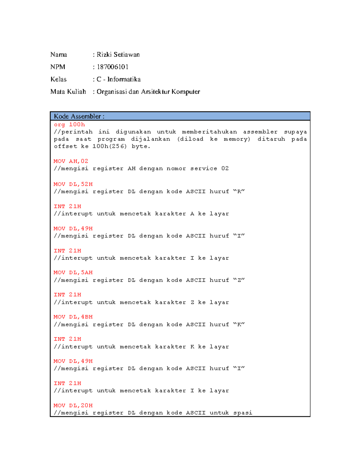 Praktikum Pencetakan NAMA Dengan Bahasa Assembler Nama Rizki