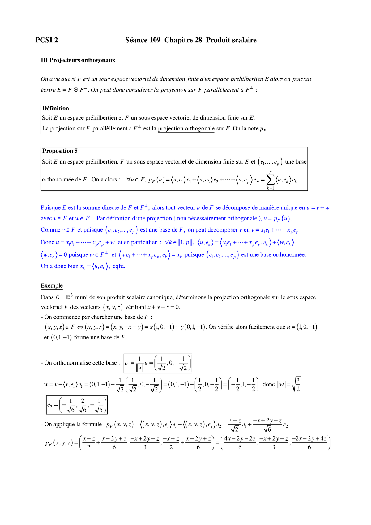 Produit Scalaire/Projection Orthogonale - PCSI 2 Séance 109 Chapitre 28 ...