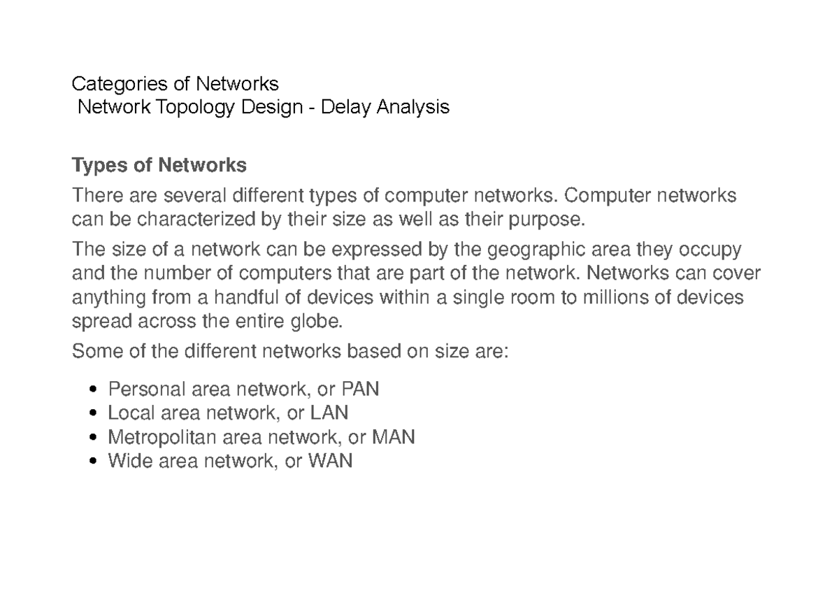 Categories of Networks Categories of Networks Network Topology Design