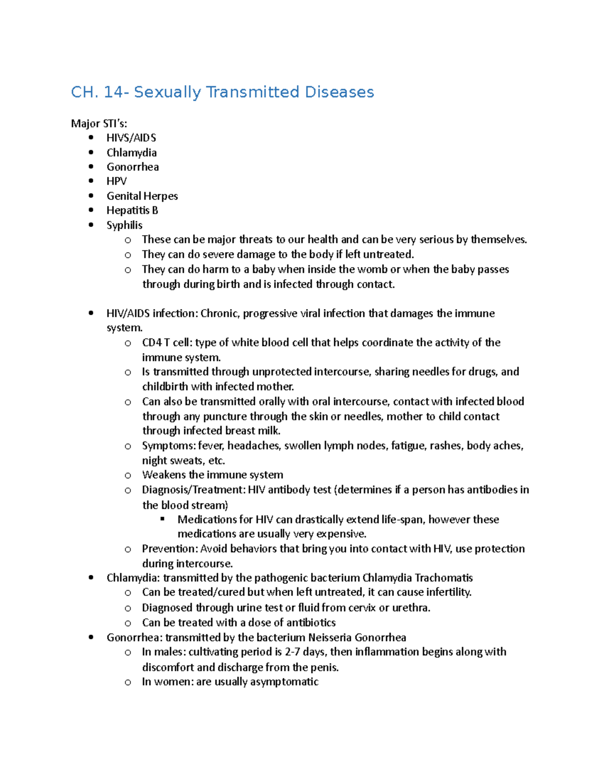 CH. 14 Notes - CH. 14- Sexually Transmitted Diseases Major STI’s: HIVS ...