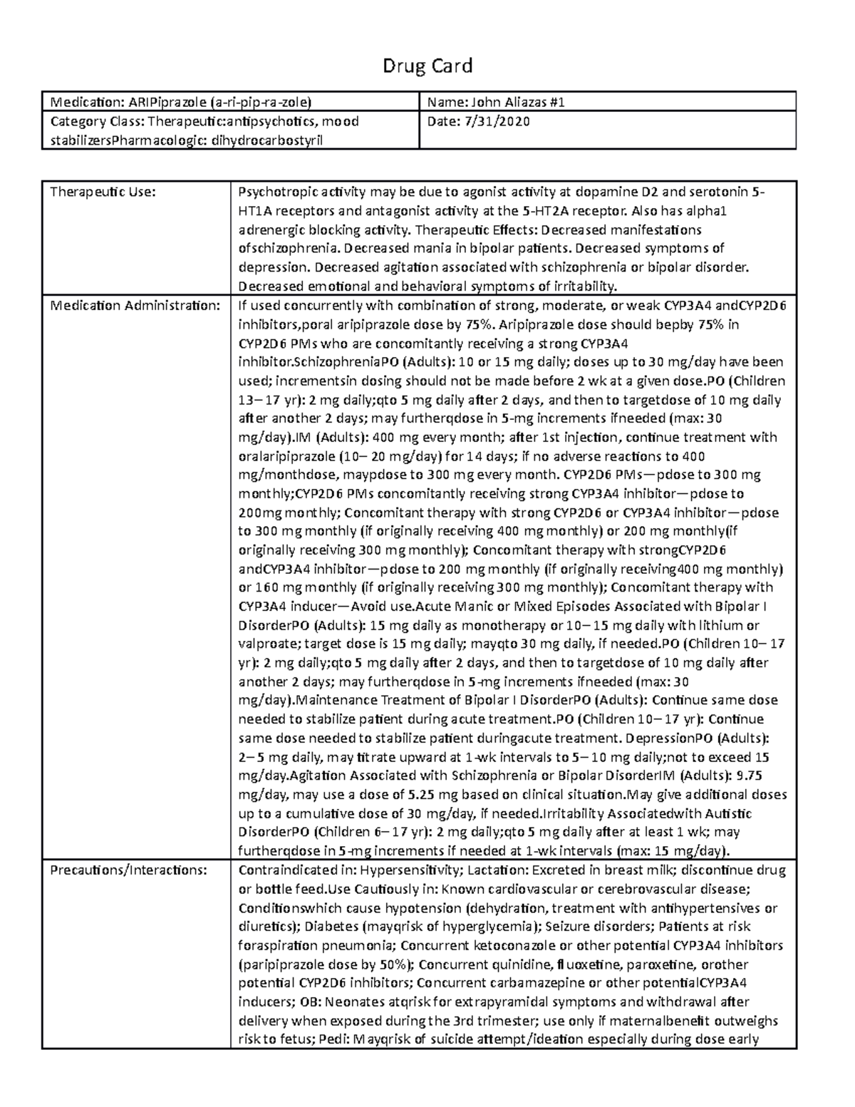 Drug Card Aripiprazole - Drug Card Medication: ARIPiprazole (a-ri-pip ...