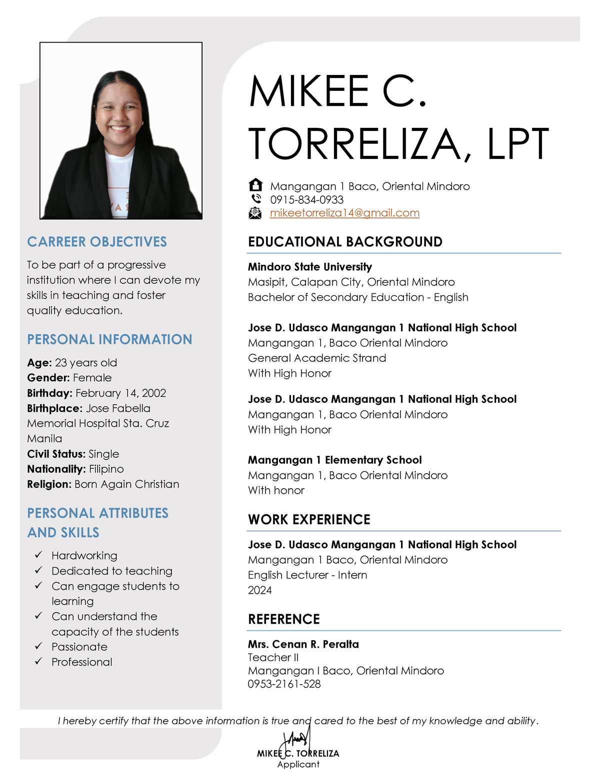 Torreliza, Mikee ( Resume) - MIKEE C. TORRELIZA, LPT Mangangan 1 Baco ...