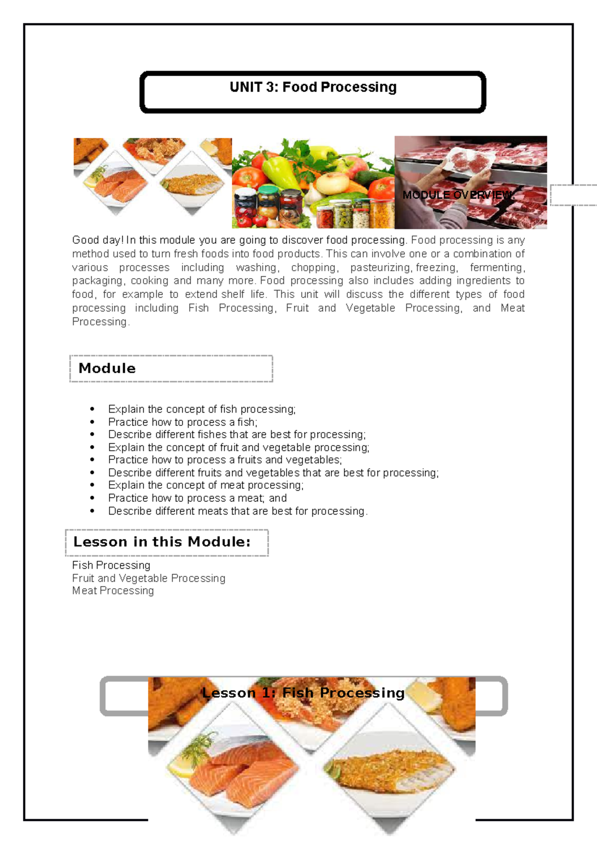 UNIT 3 Lesson 1 Fish processing Good day! In this module you are