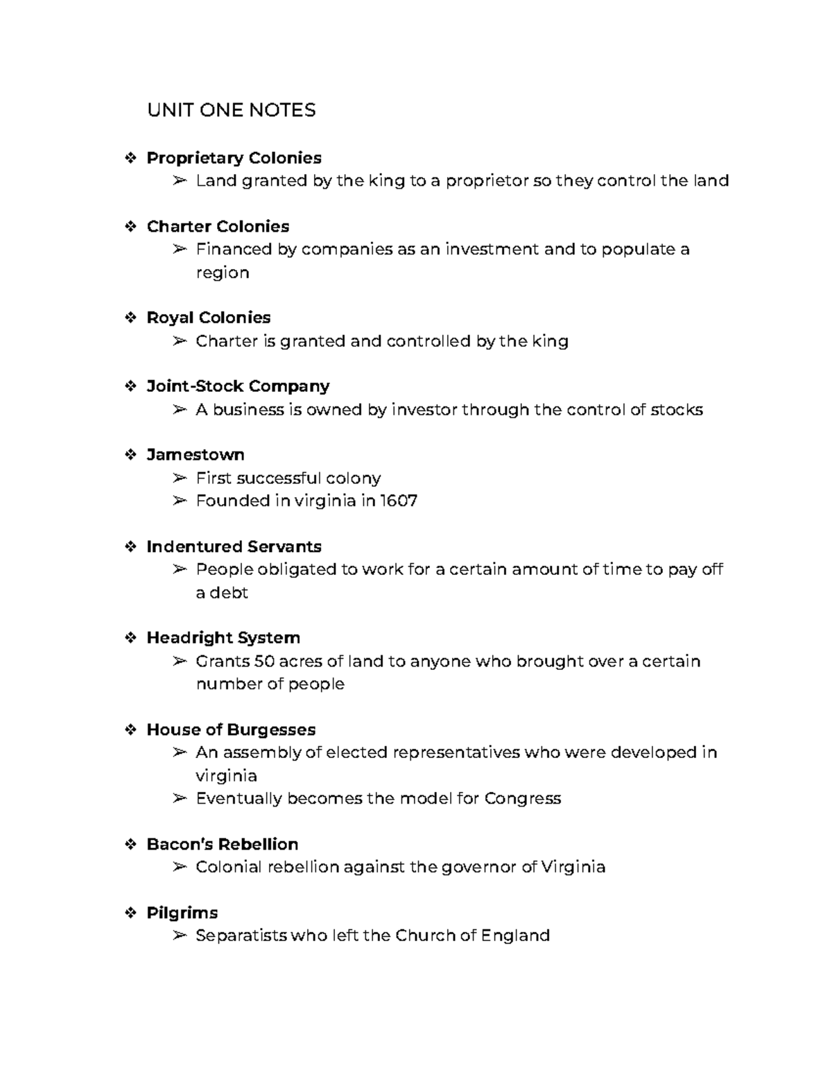 AP US History UNIT ONE NOTES Proprietary Colonies Land granted by the king to a proprietor so