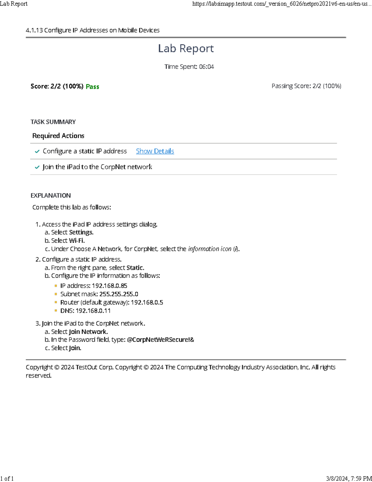 Netw 251 testout lab 4 test out Passing Score 2/2 (100) 4.1