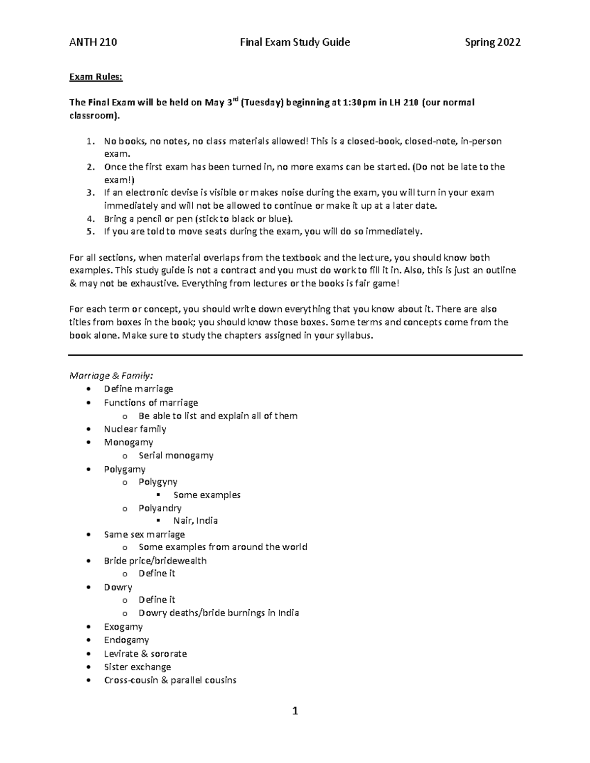 Anth 210 Sp 22 Final Exam Study Guide Exam Rules The Final